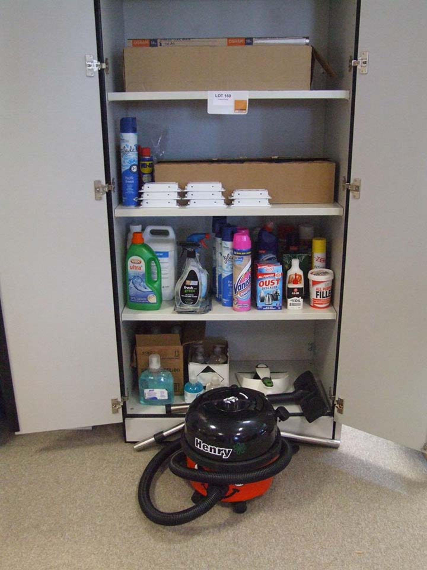 Contents of cupboard to include HENRY Vac light tubes and cleaning materials