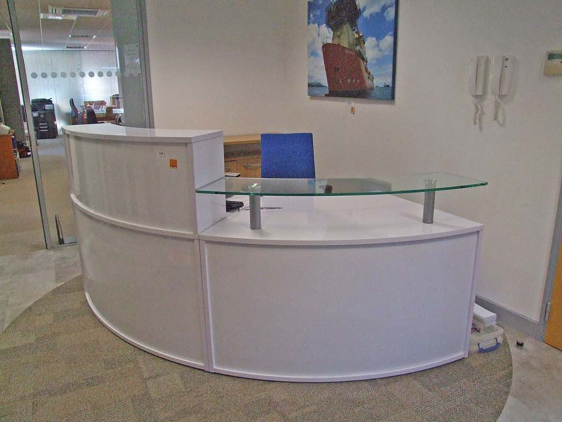 White two piece Reception Counter 2720 wide with blue Operators Chair