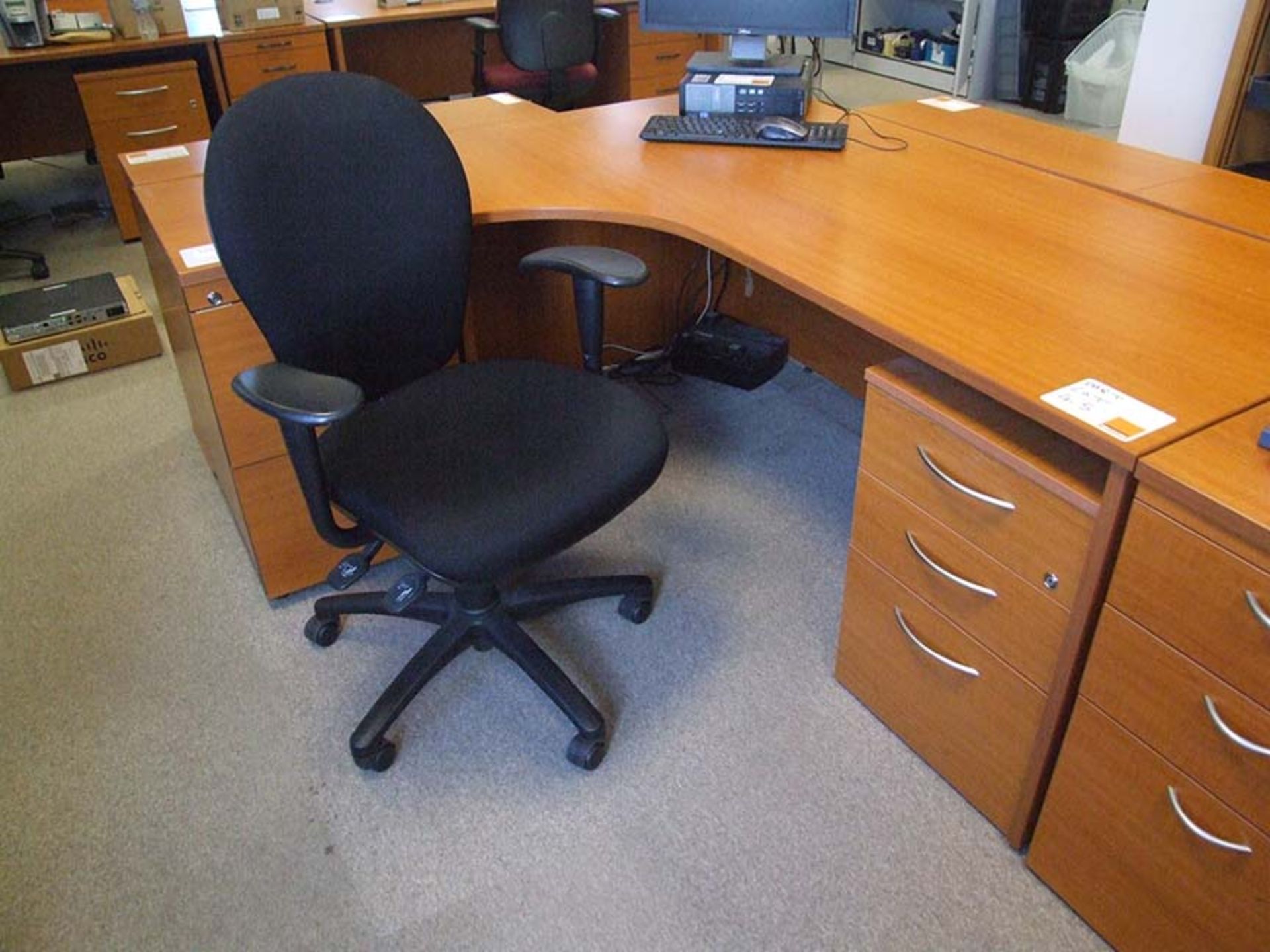 Shaped Desk with LH return and 3 drawer pedestal 1800 wide with operators chair and 2 drawer