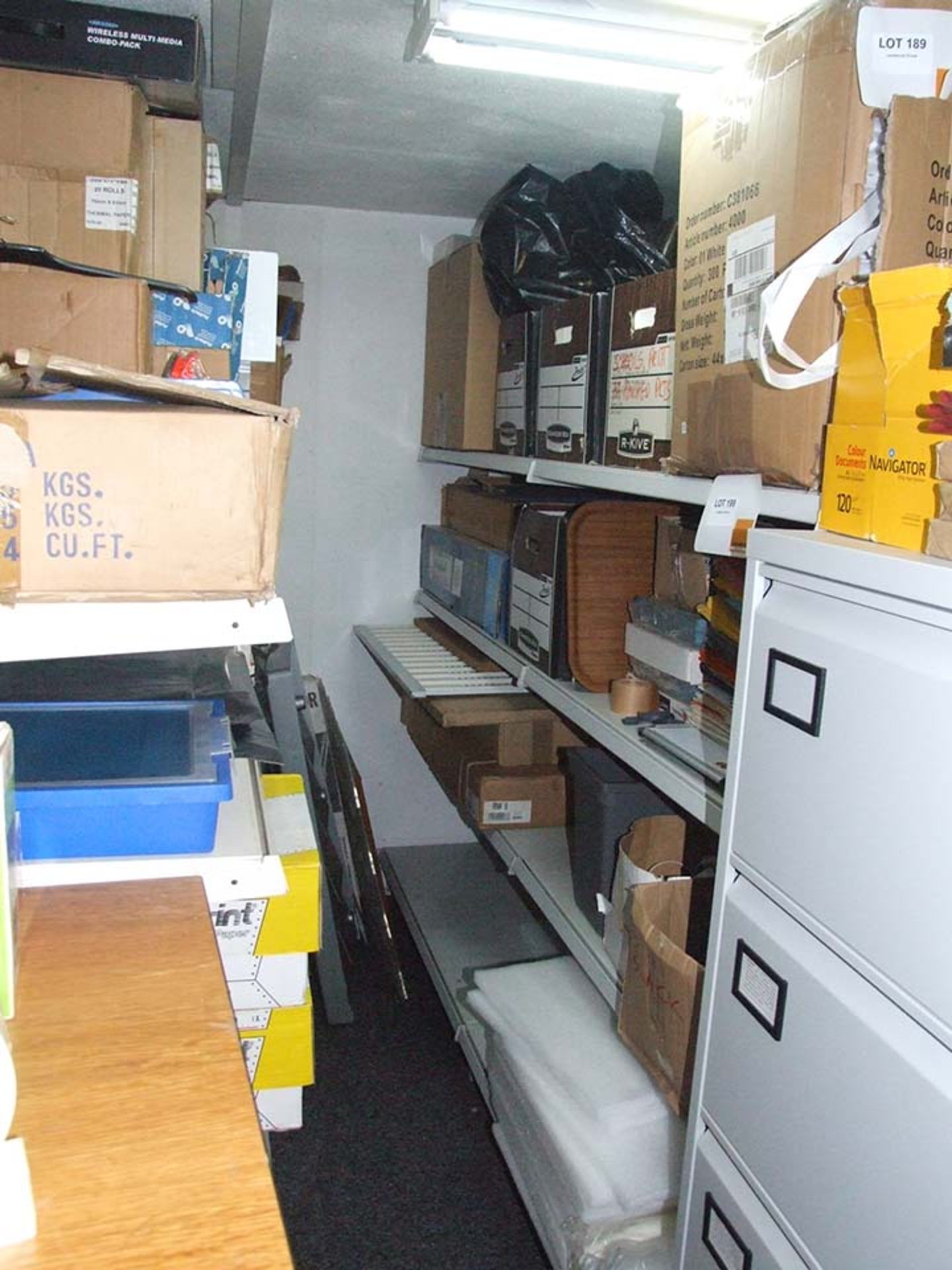 Contents of 2 Bays of racking inc Xerox Toners Nobo card Continuous Listing Paper and keyboards