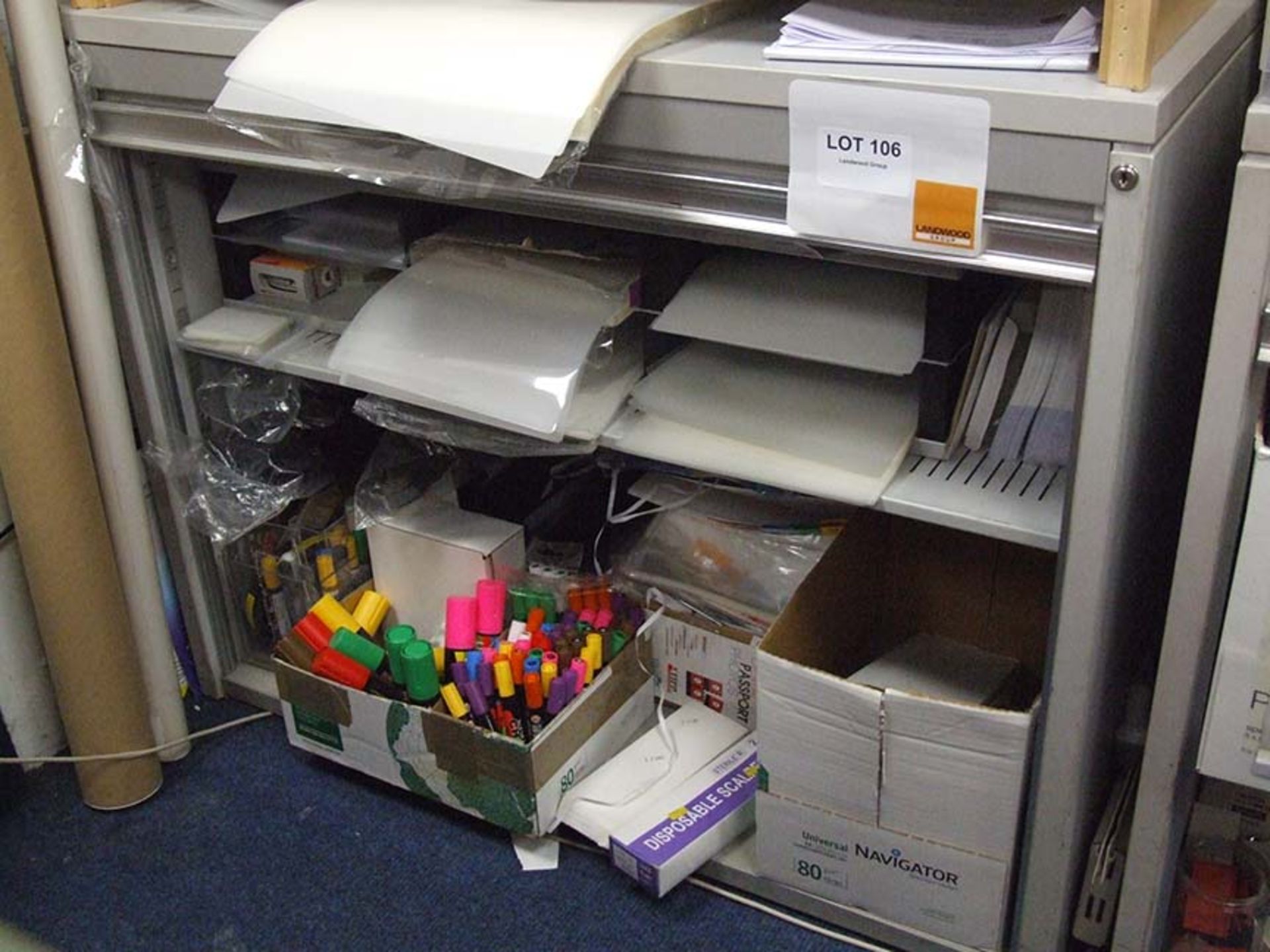 Cupboard and contents inc liquid chalk pens and lamination pouches etc