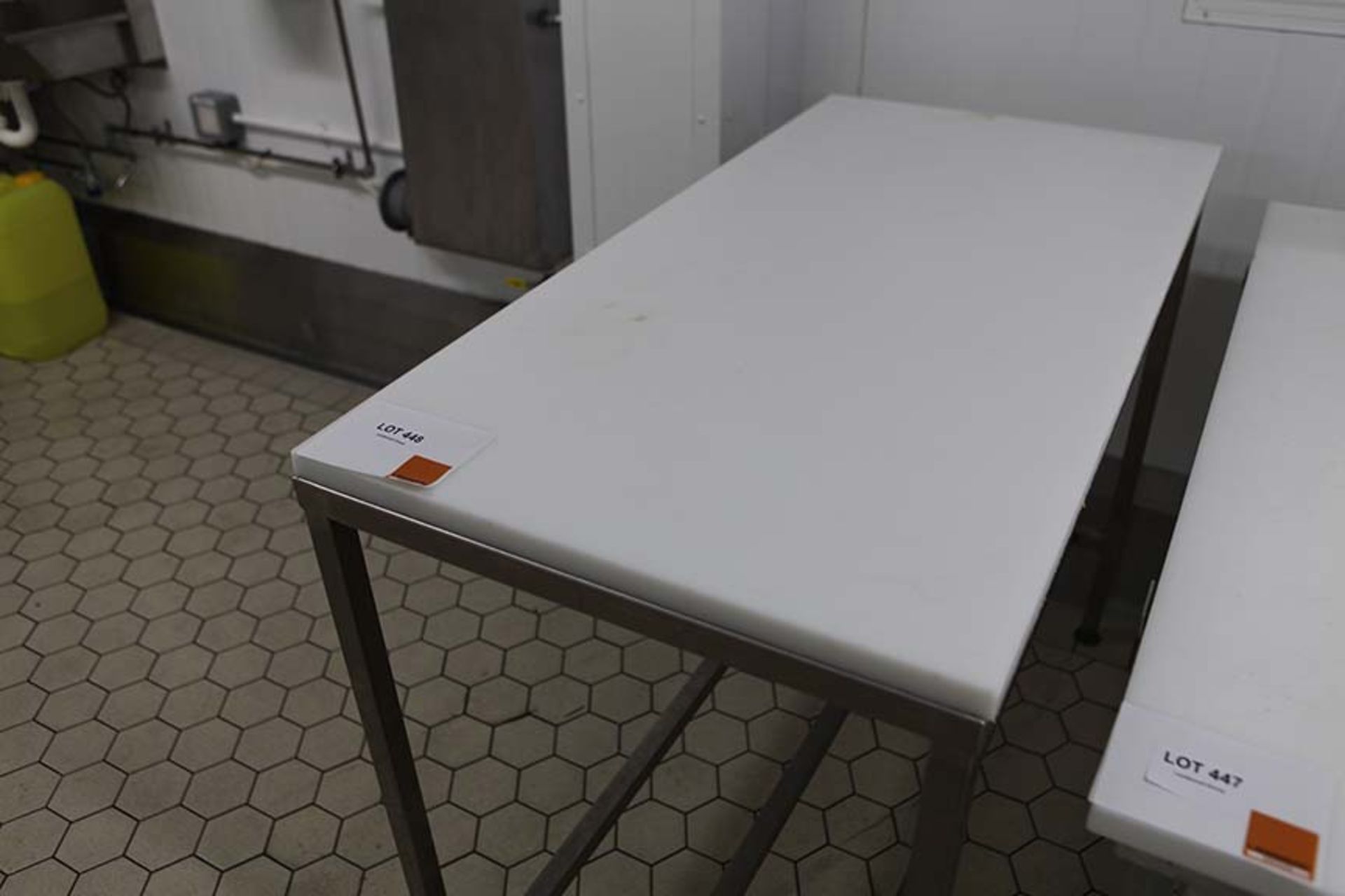 2 Meat preparation tables with White tops 1200 x 600 mm
