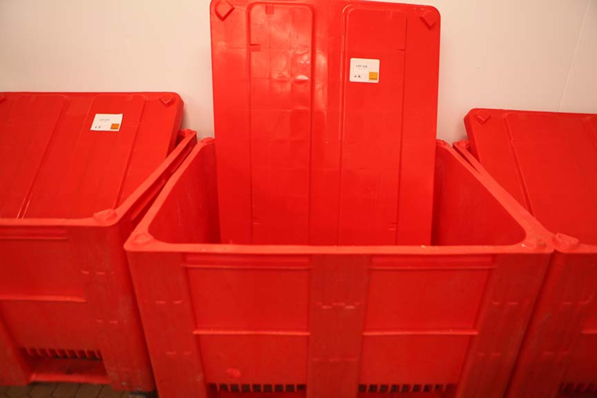 2 Wheeled Red DOLAV bins with lids