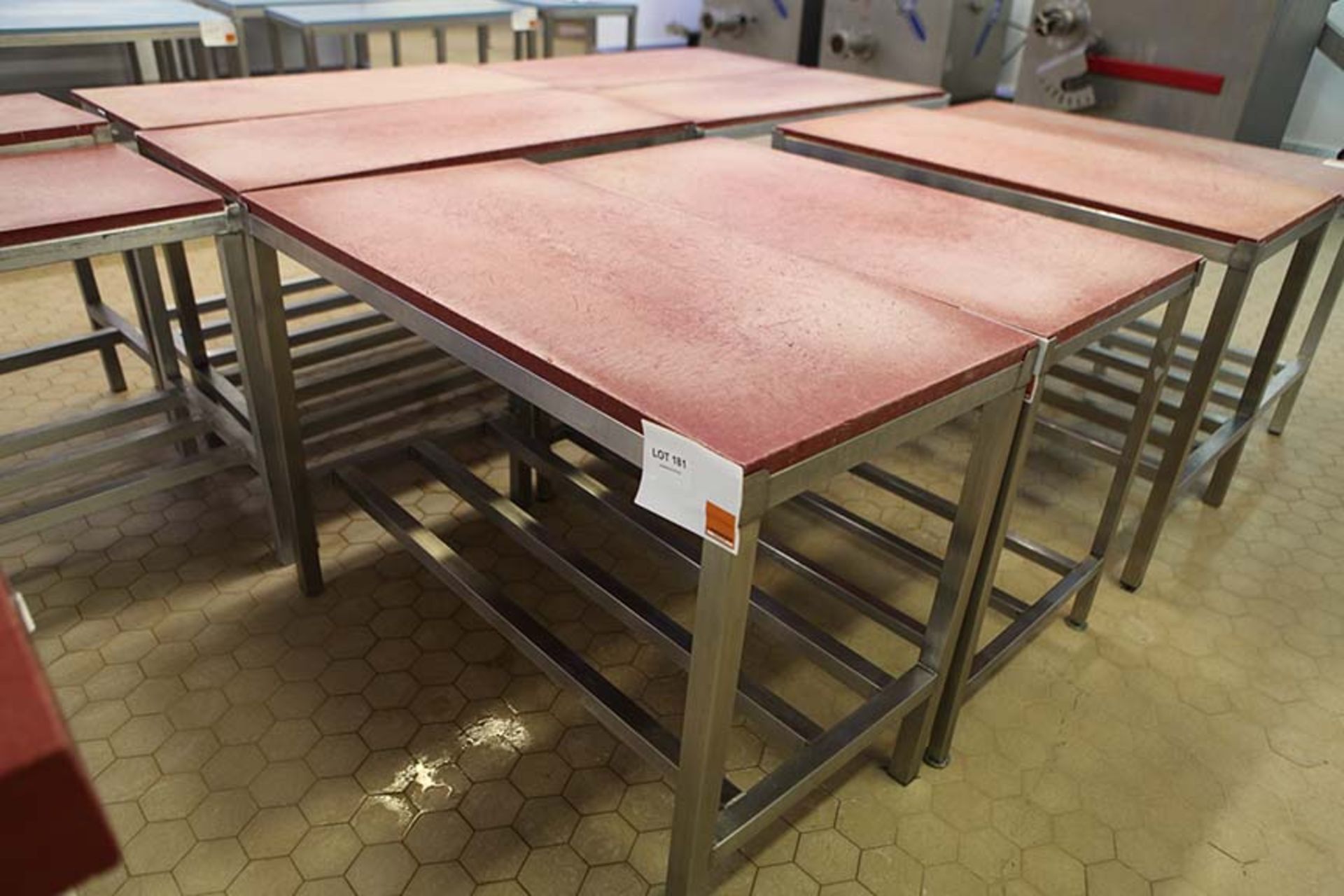 2 Meat preparation tables with Red tops 1200 x 600 mm