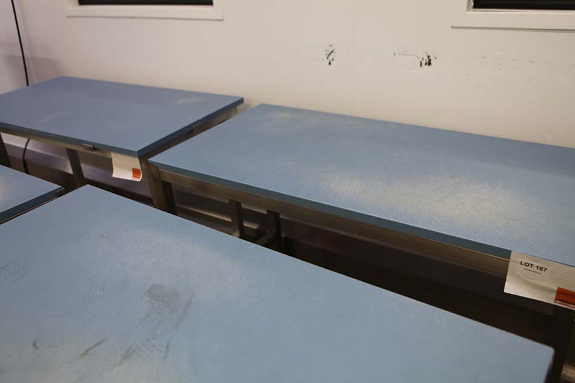 2 Meat preparation tables with Blue tops 1200 x 600 mm