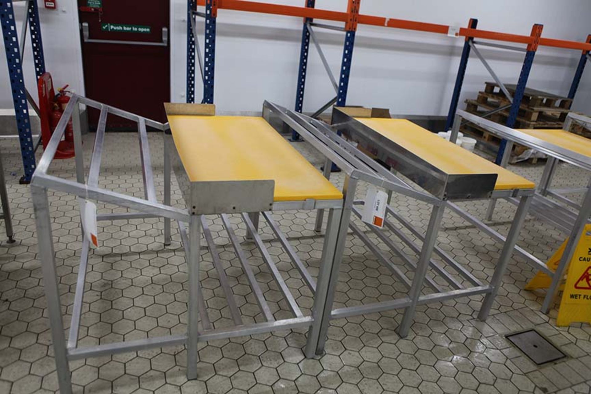 Meat preparation table with Yellow top 1200 x 600 mm and sloping rack