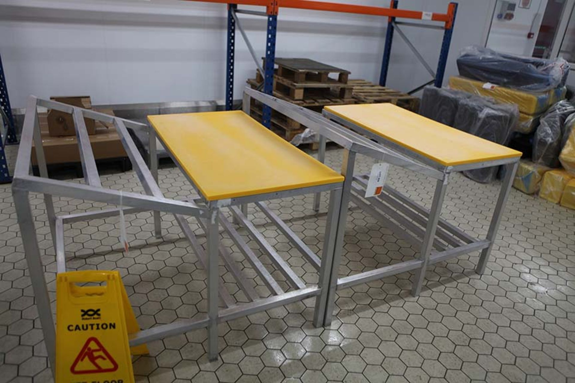 Meat preparation table with Yellow top 1200 x 600 mm and sloping rack