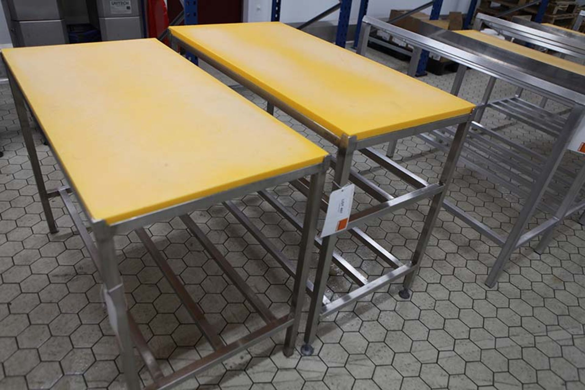 2 Meat preparation tables with Yellow tops 1200 x 600 mm