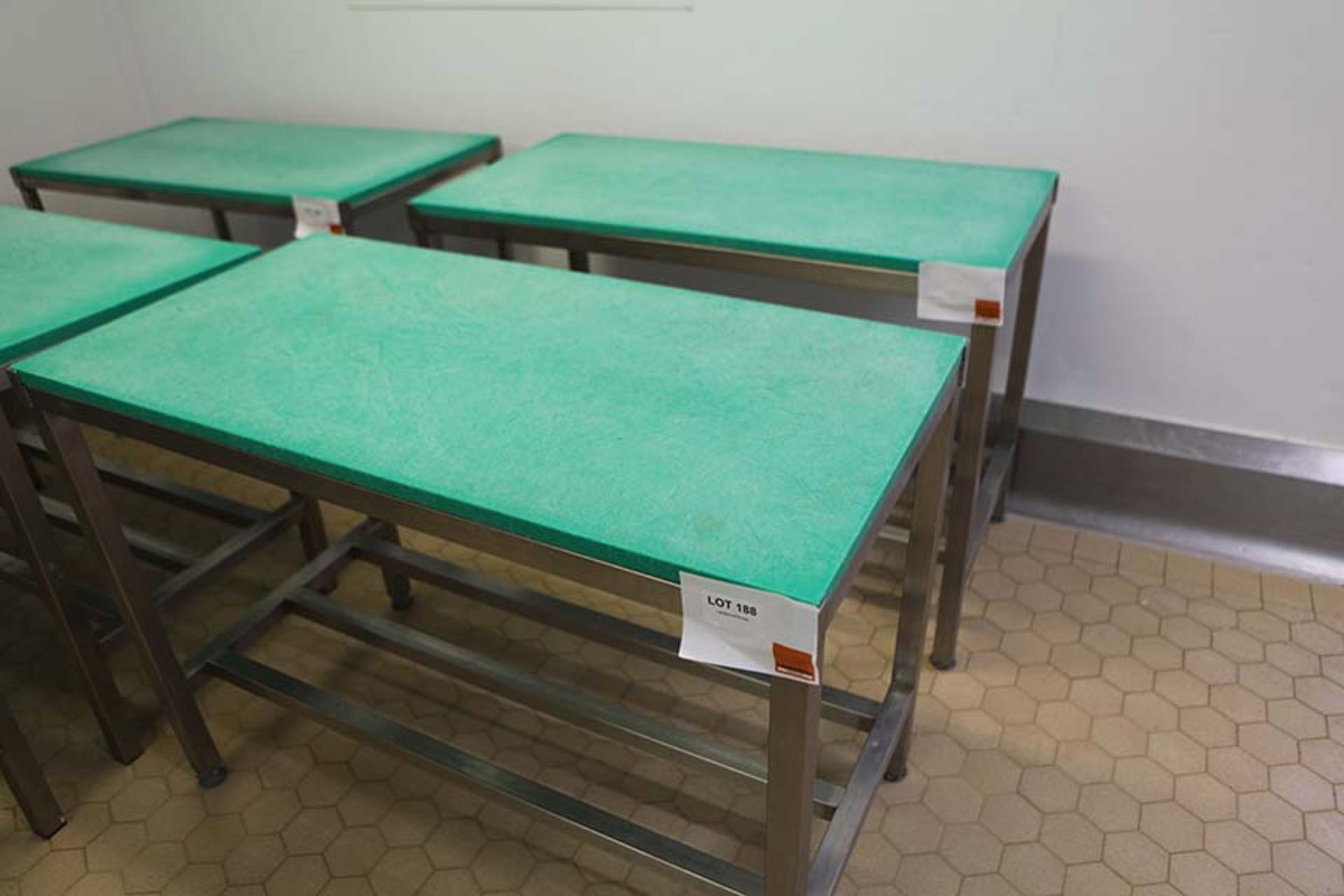 2 Meat preparation tables with Green tops1200 x 600 mm