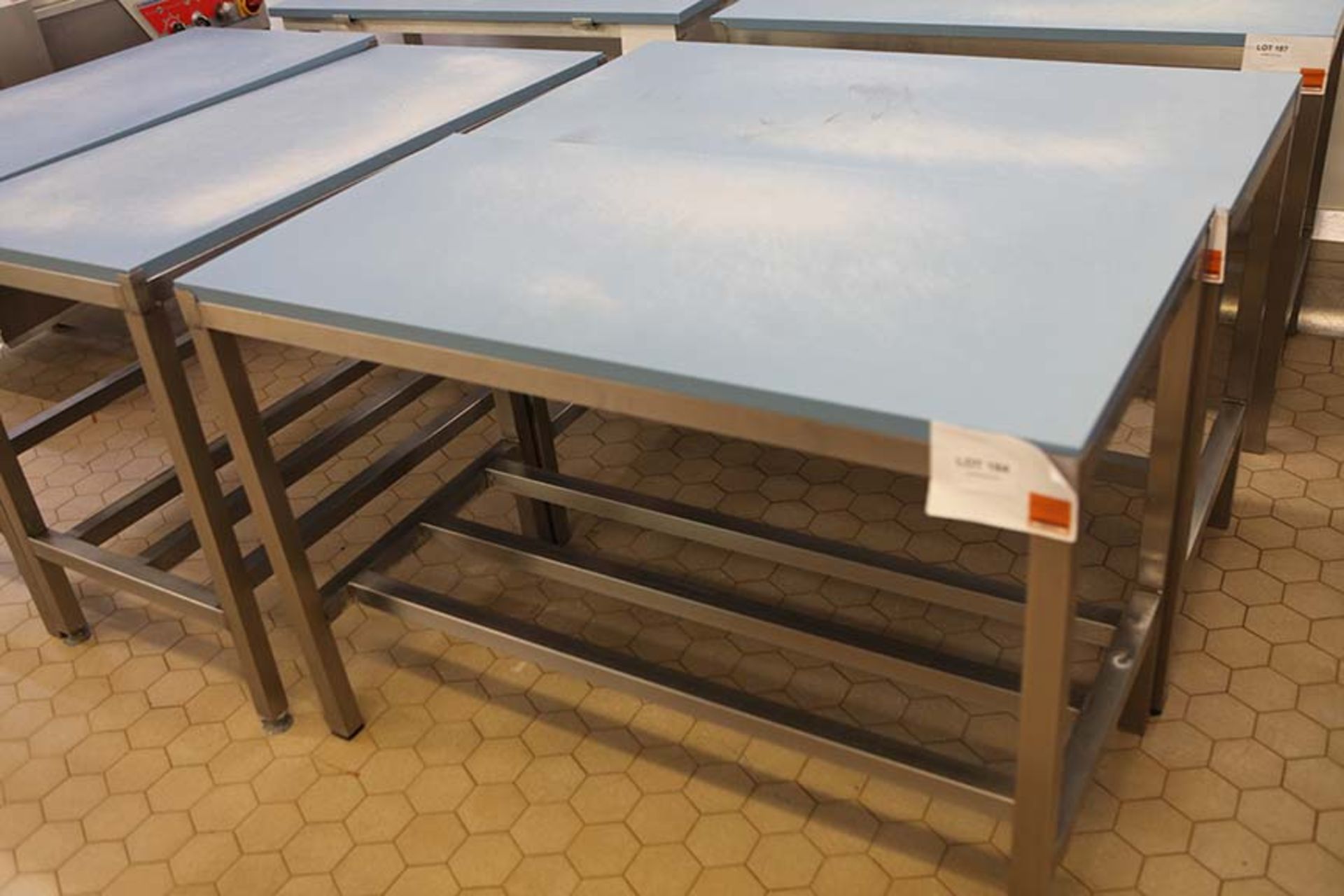 2 Meat preparation tables with Blue tops 1200 x 600 mm