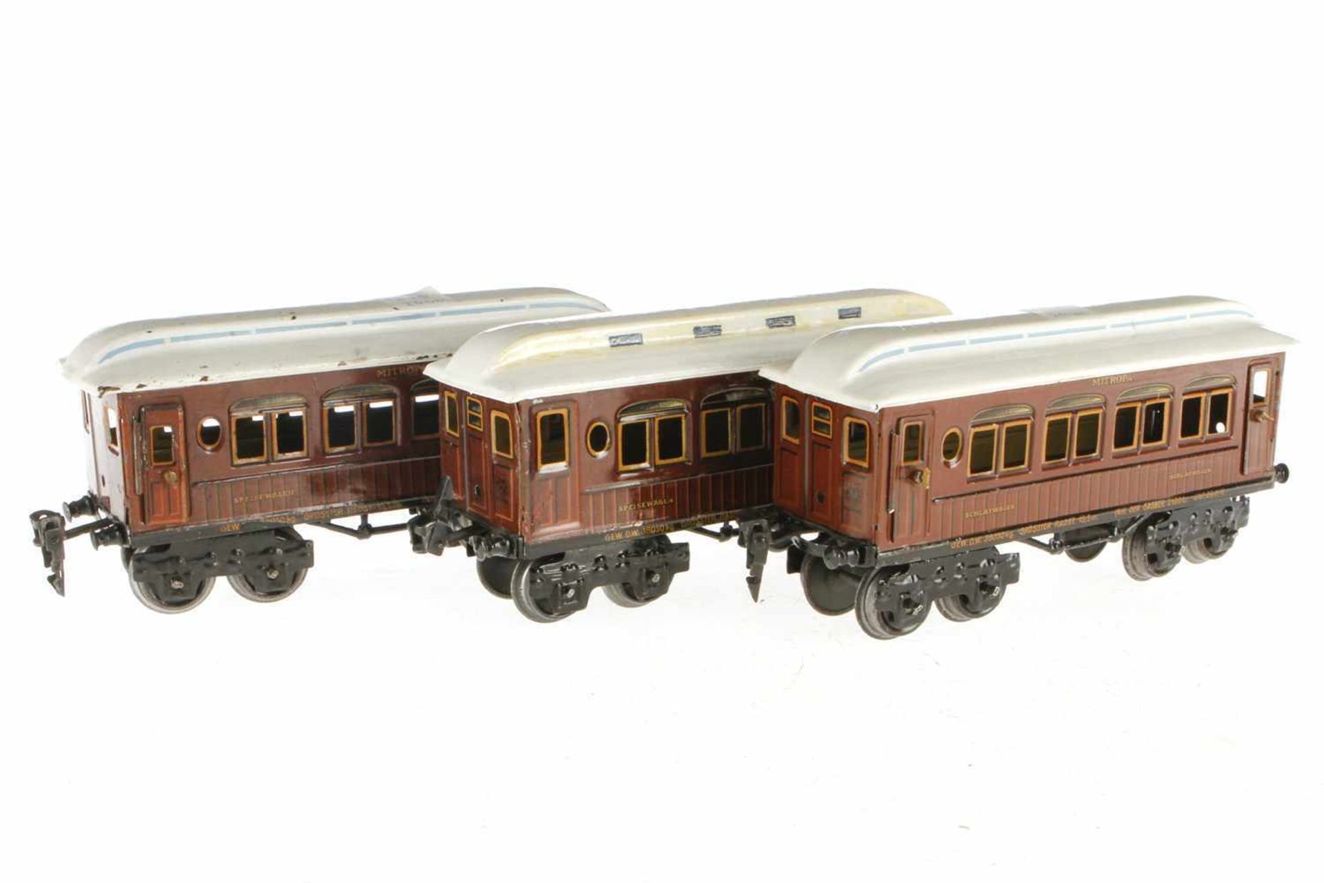 Märklin 3-teiliger Zug, mit 2 Mitropa Speisewagen und 1 Mitropa Schlafwagen 1886, S 0, je 4 AT,