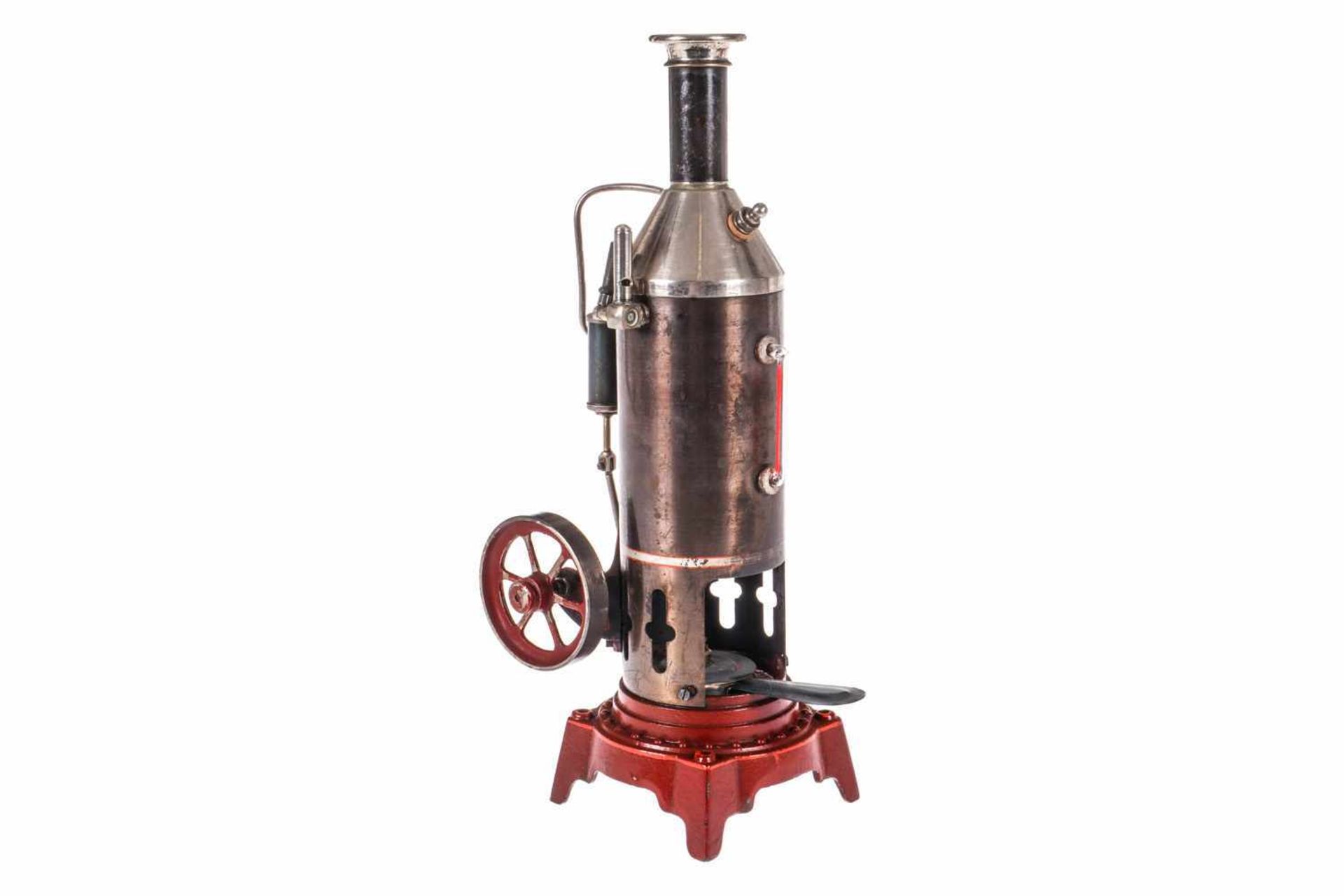Stehende Dampfmaschine, patinierter Kessel, KD 6, mit Armaturen, Brenner und feststehendem Zylinder,