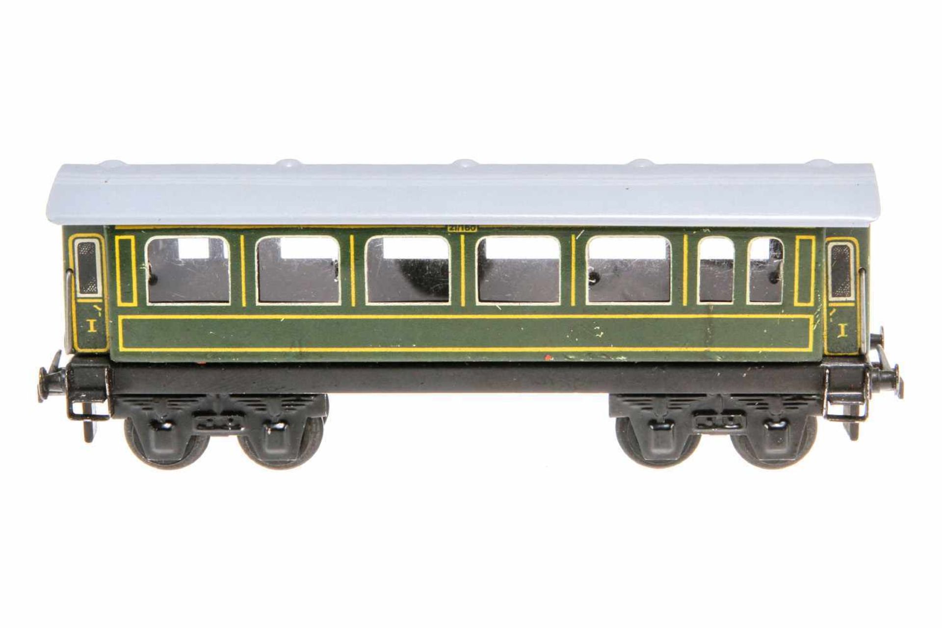 Trix Express englischer Personenwagen 21/160, S H0, grün, LS und Alterungsspuren, L 13,5, sonst noch