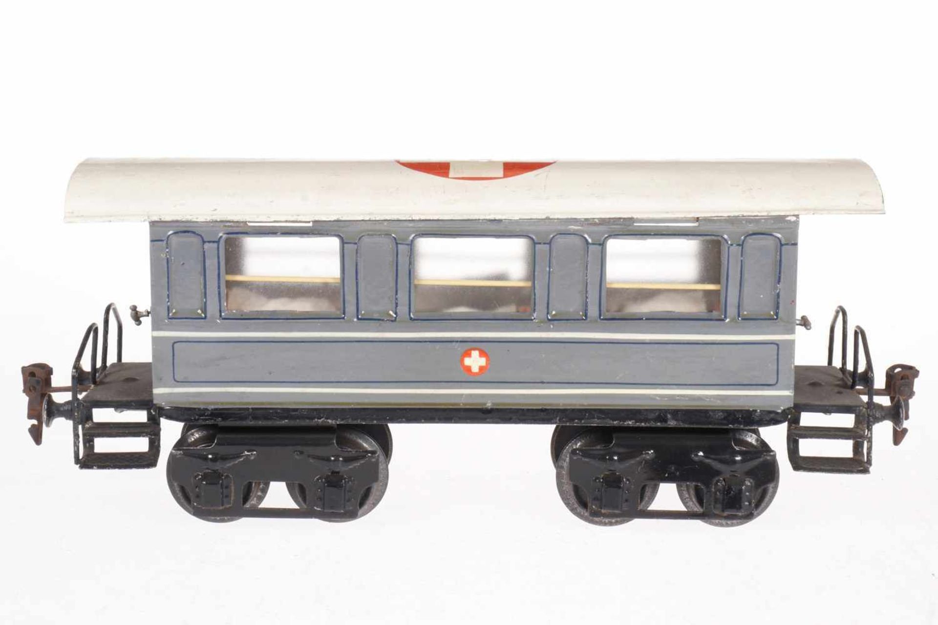 Märklin Saniwagen 1848 P, S 1, uralt, HL, mit Einsatz, 6 NB-Bahren und 2 AT, LS tw ausgebessert,