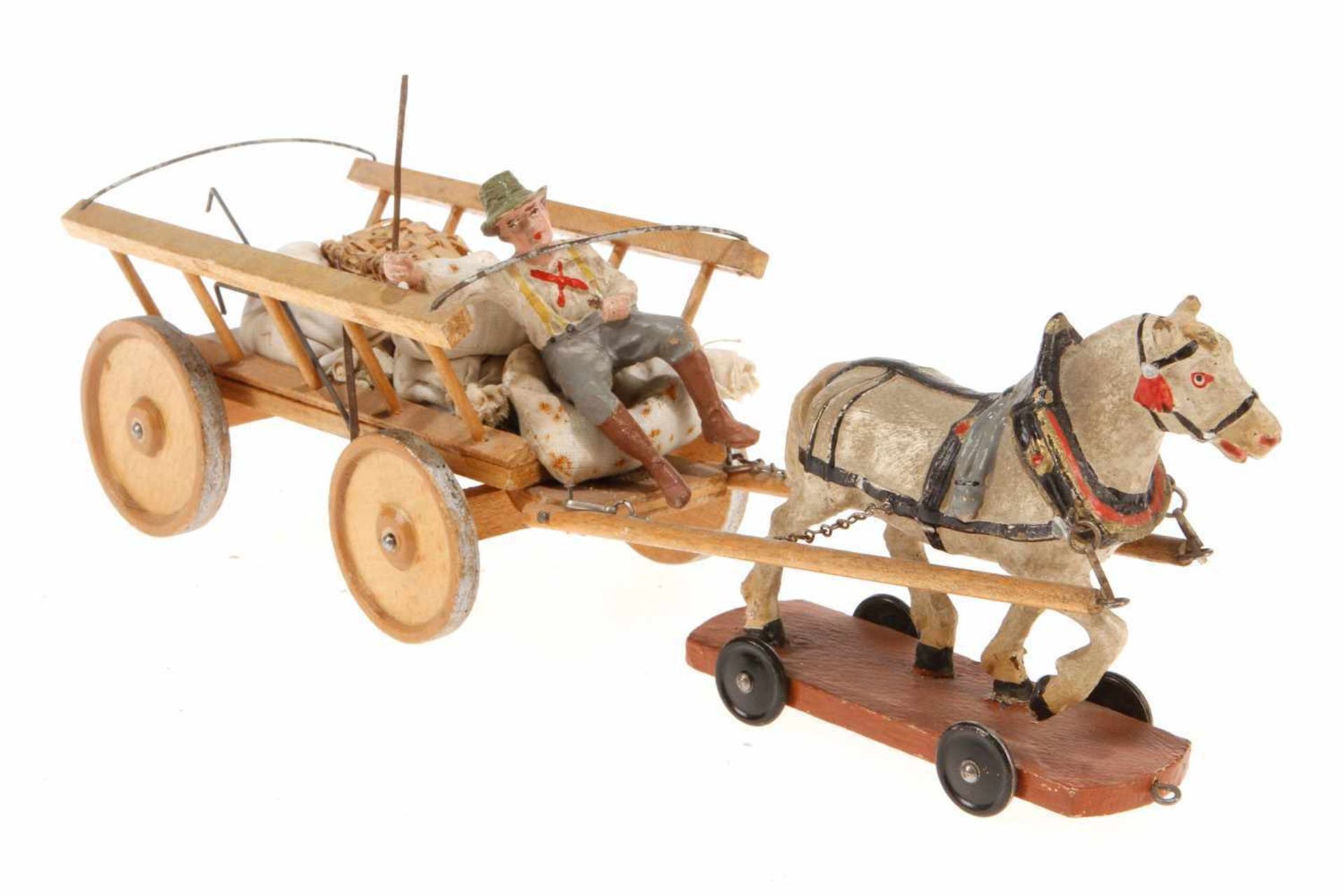 Leiterwagen mit Zugpferd, Holz/Masse, L 30, bespielt