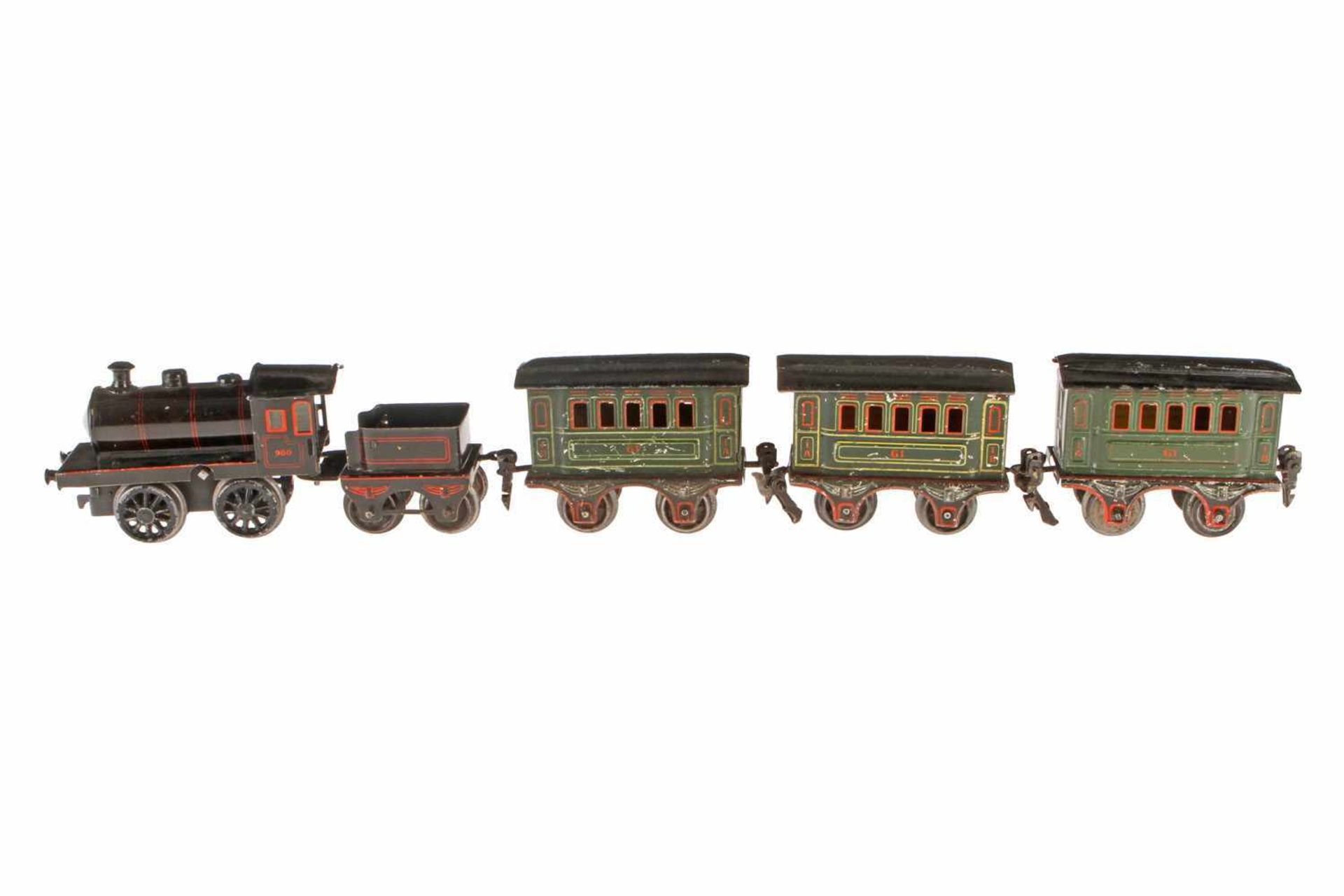 Märklin 5-teiliger S 0-Zug, Uhrwerk intakt, CL, mit B-Dampflok 980, Tender und 3 Personenwagen 1861,