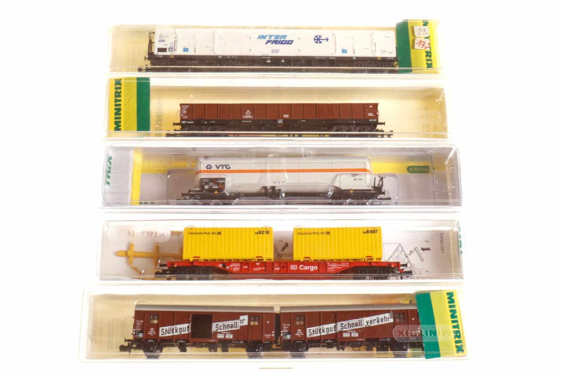 5 Trix Güterwagen 13248, 13505, 13624, 15255 und 15265-01, S N, je im OK, Z 1-2
