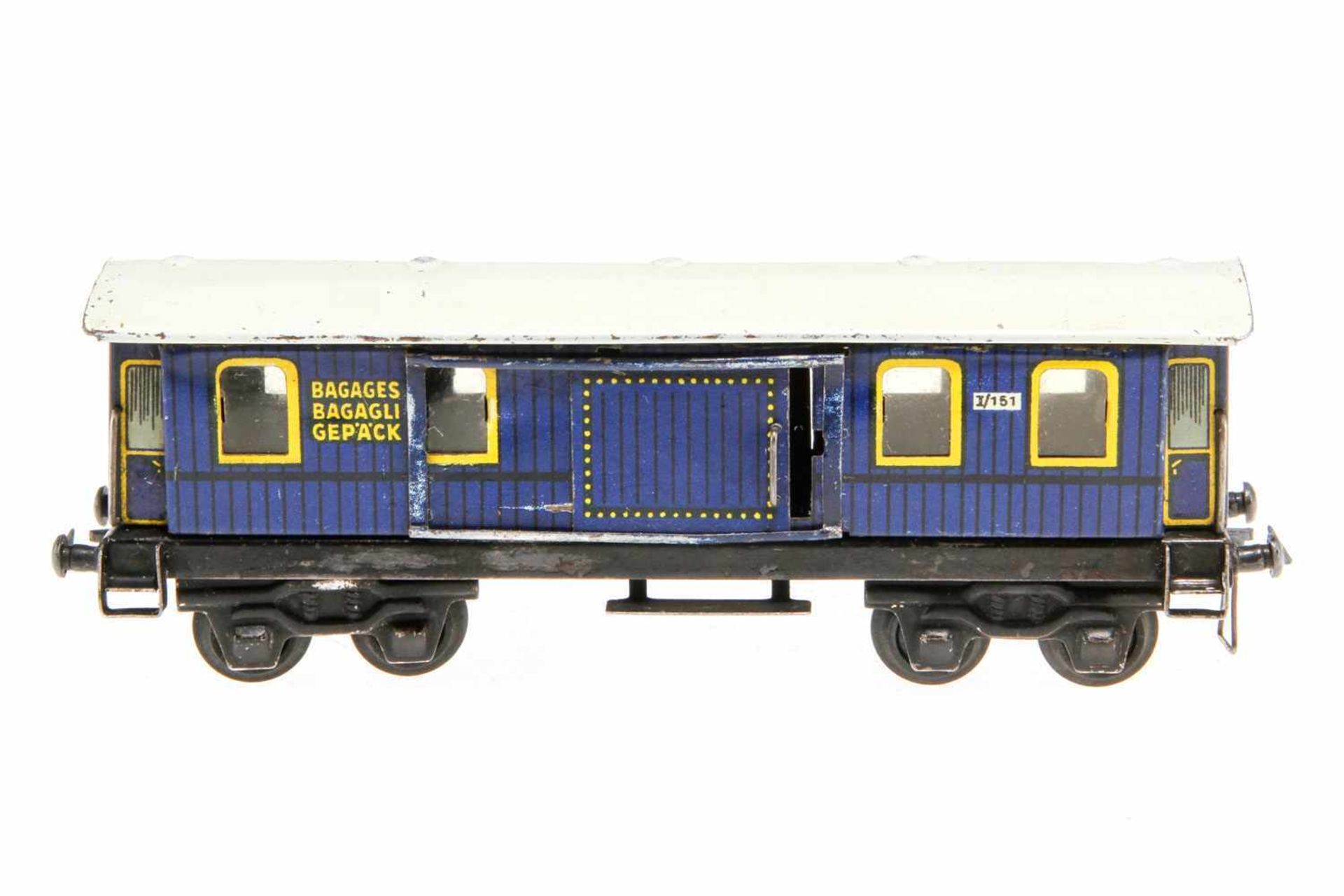 Trix Express int. Gepäckwagen 1/151, S H0, Blech, blau, LS und Alterungsspuren, L 13,5, Z 2-3