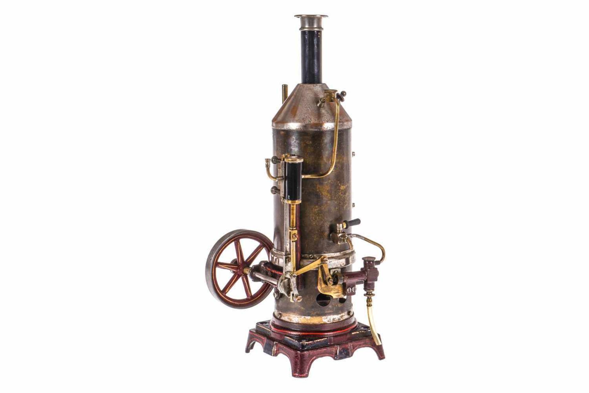 Bing stehende Dampfmaschine, KD 7, mit Armaturen und Brenner, feststehender Zylinder mit