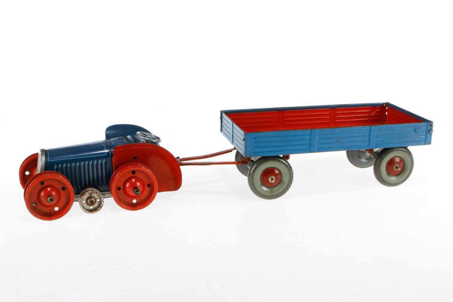 Gescha Traktor mit Anhänger 71-2, Blech, blau, Uhrwerk intakt, Ketten fehlen, LS, bespielt