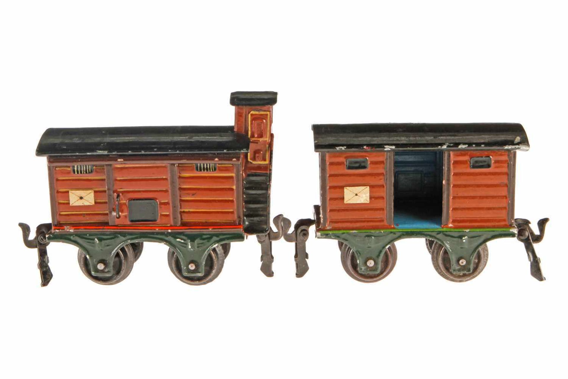 2 Märklin Güterwagen, S 0, 1804 mit BRHh und 1 ST, L 11 und 1803 mit 1 TÖ und waagerechten Rillen, L