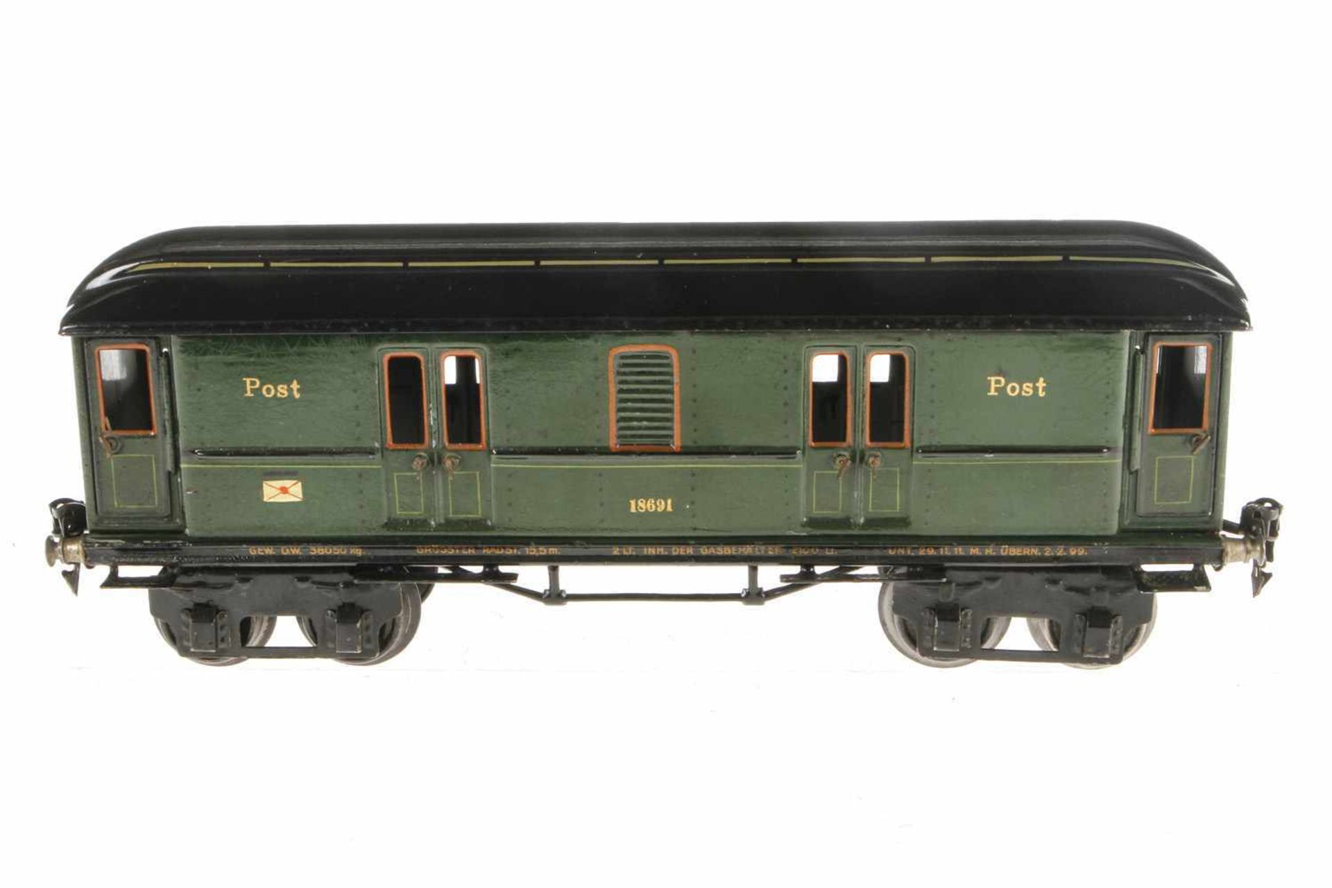 Märklin Postwagen 1869, S 1, HL, mit 4 AT, LS tw ausgebessert, gealterter Lack, L 33,5, sonst noch Z