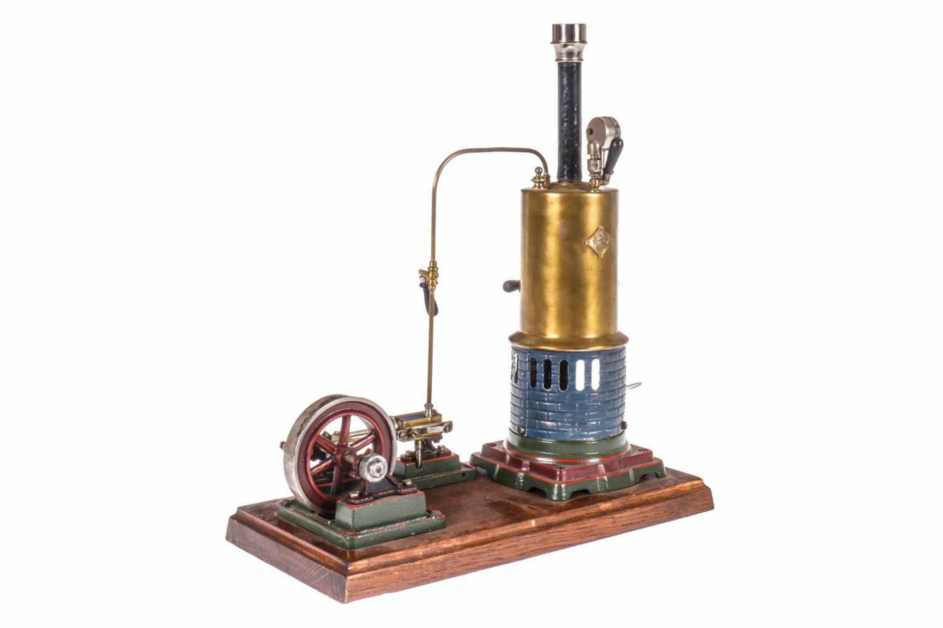 Bing Dampfmaschine, stehender Kessel, KD 6, mit Armaturen, Manometer und NB-Brenner, feststehender