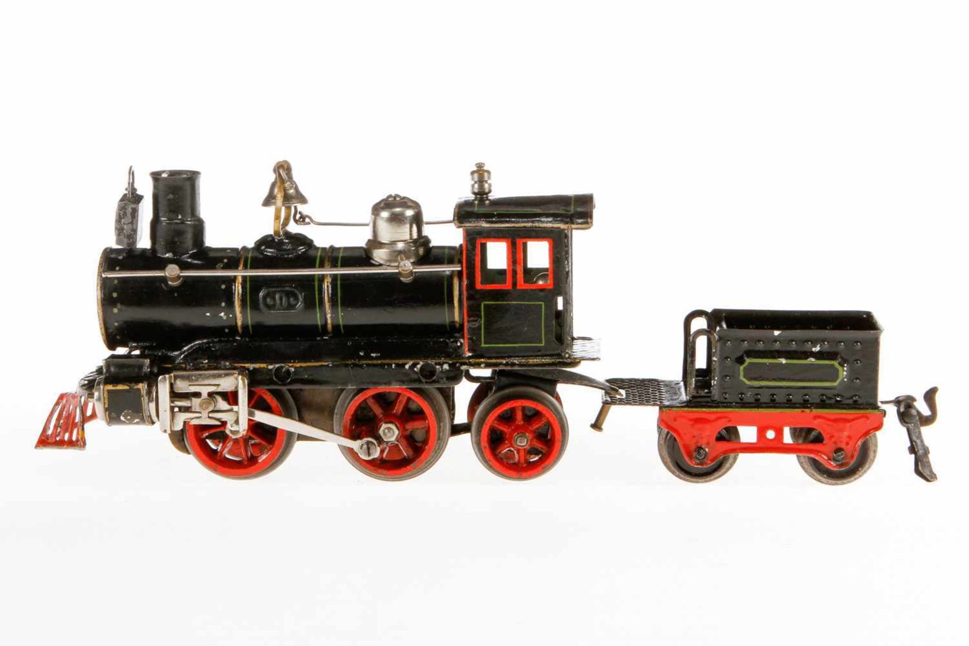 Märklin amerik. B-1 Dampflok AD 1020, S 0, uralt, Uhrwerk intakt, schwarz HL, mit Tender, Glocke,