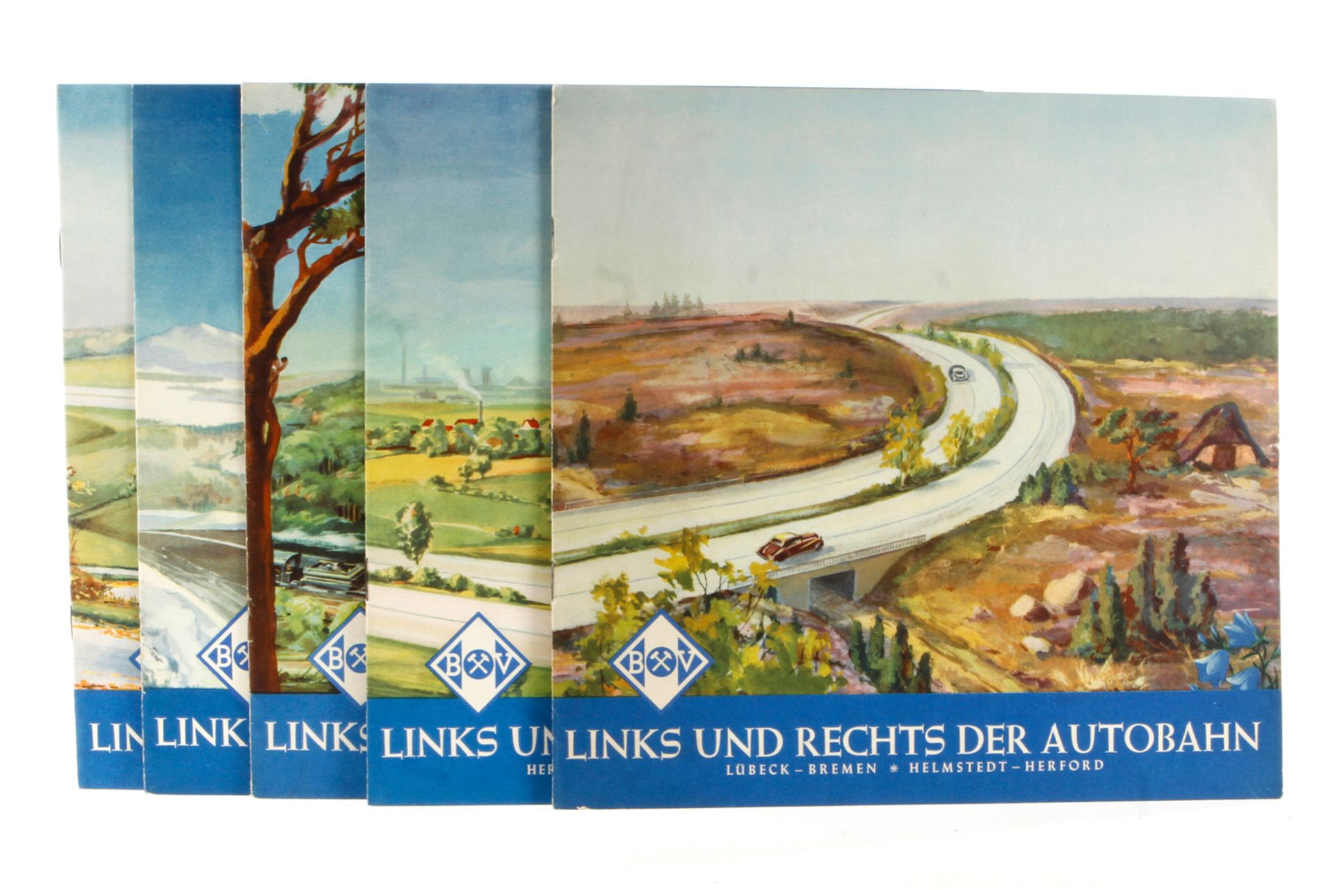 BV-Aral Bildband "links und rechts der Autobahn", 5 Hefte im Schuber, Verlag Witzel, Essen, 1950/51,