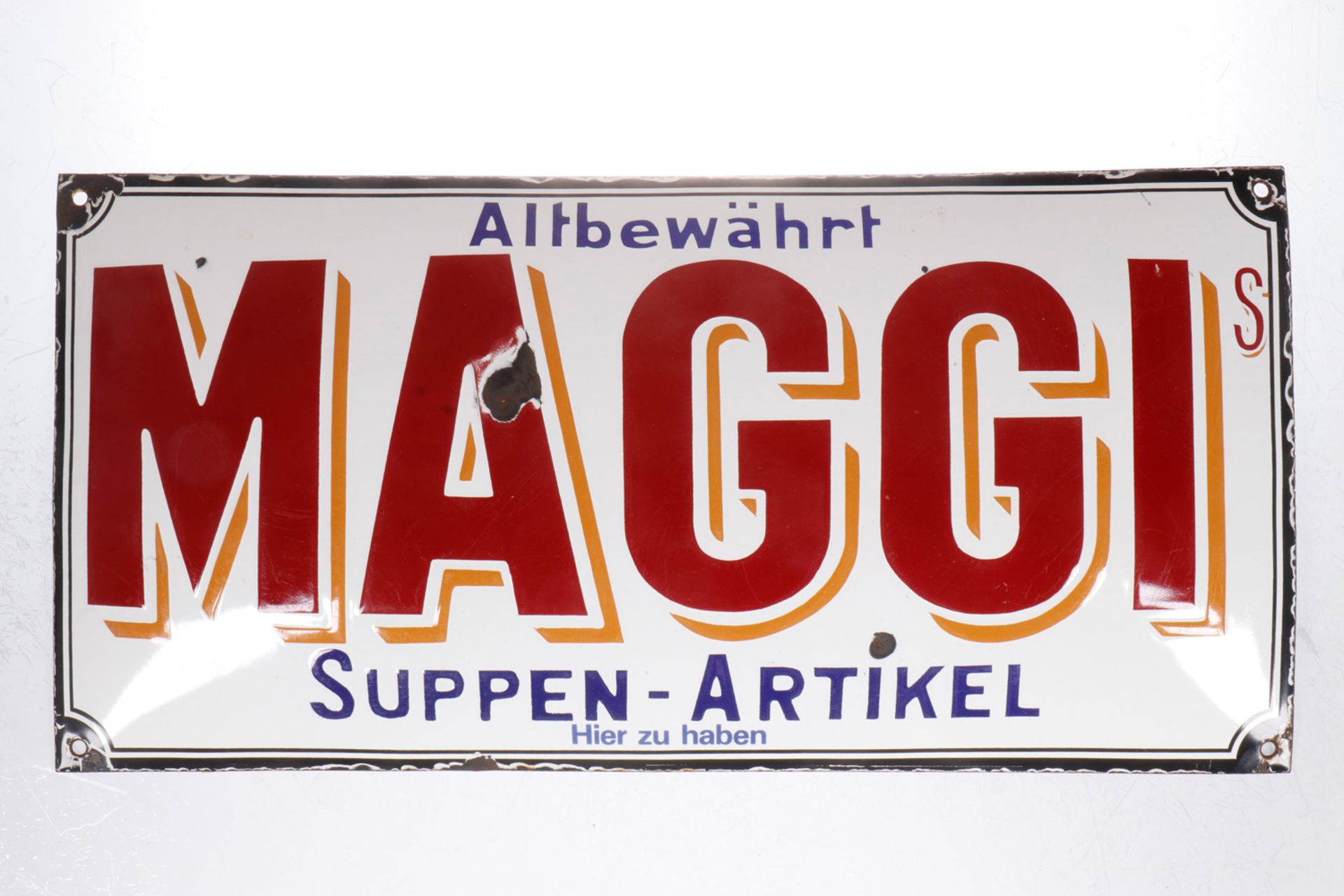 Werbe-Emailleschild "Maggie", gewölbt, 4 Ecken und im Buchstaben "A" leichte Absplitterungen, 49 x