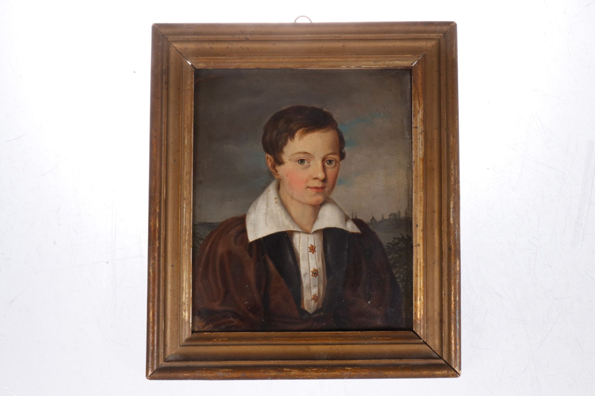 Biedermeier-Porträt, Bild eines Knaben, Öl/Blech, gerahmt, 22x25,5 cm