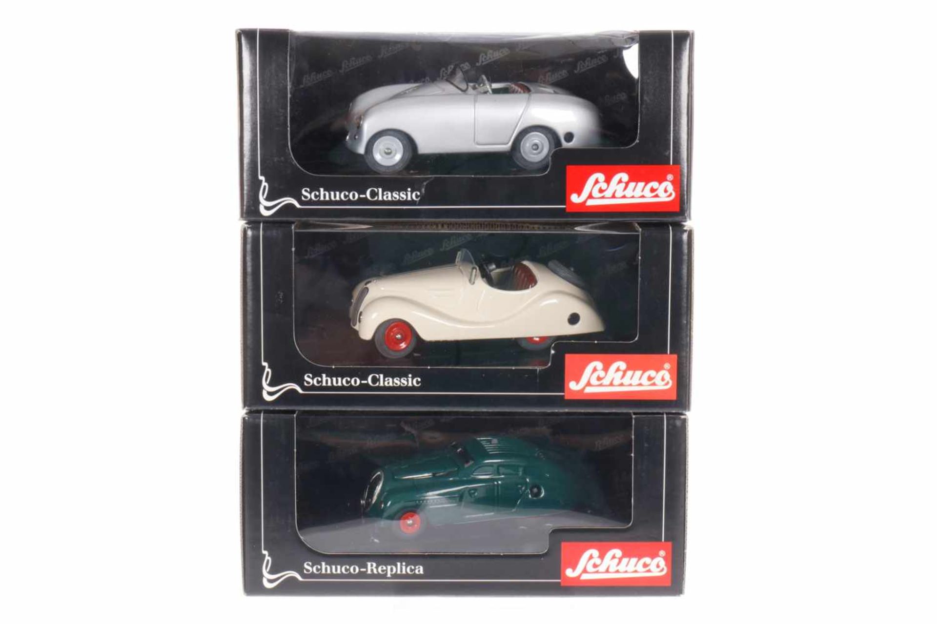 3 Schuco-Classic/-Replika Autos, Nr. 06020, 01036 und 01743, je im OK, Alterungsspuren, sonst Z 1-2