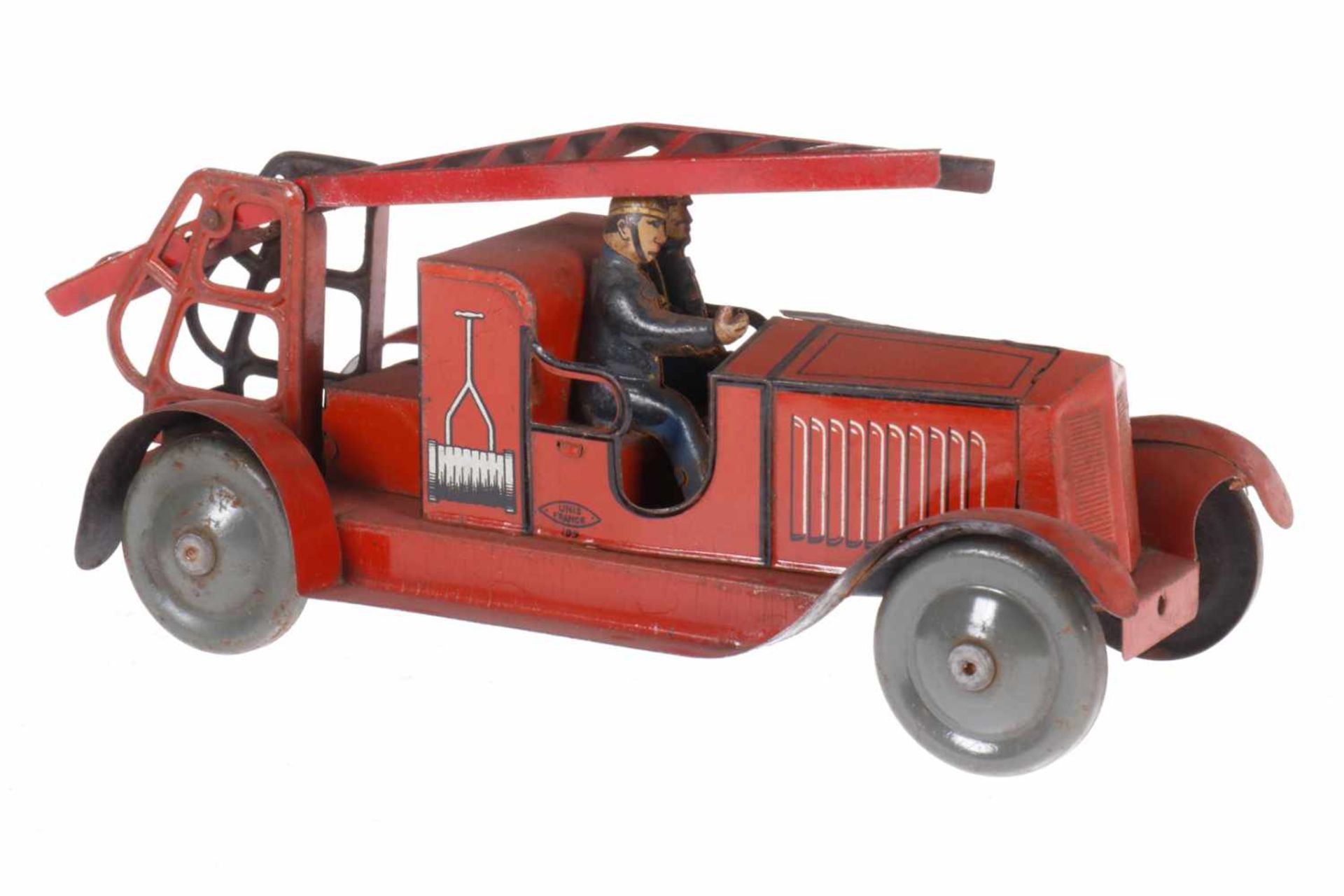 JEP Feuerwehr-Leiterwagen, Unis France Nr. 199, CL, mit 2 Fahrern, RS, Leiter verbogen, Uhrwerk