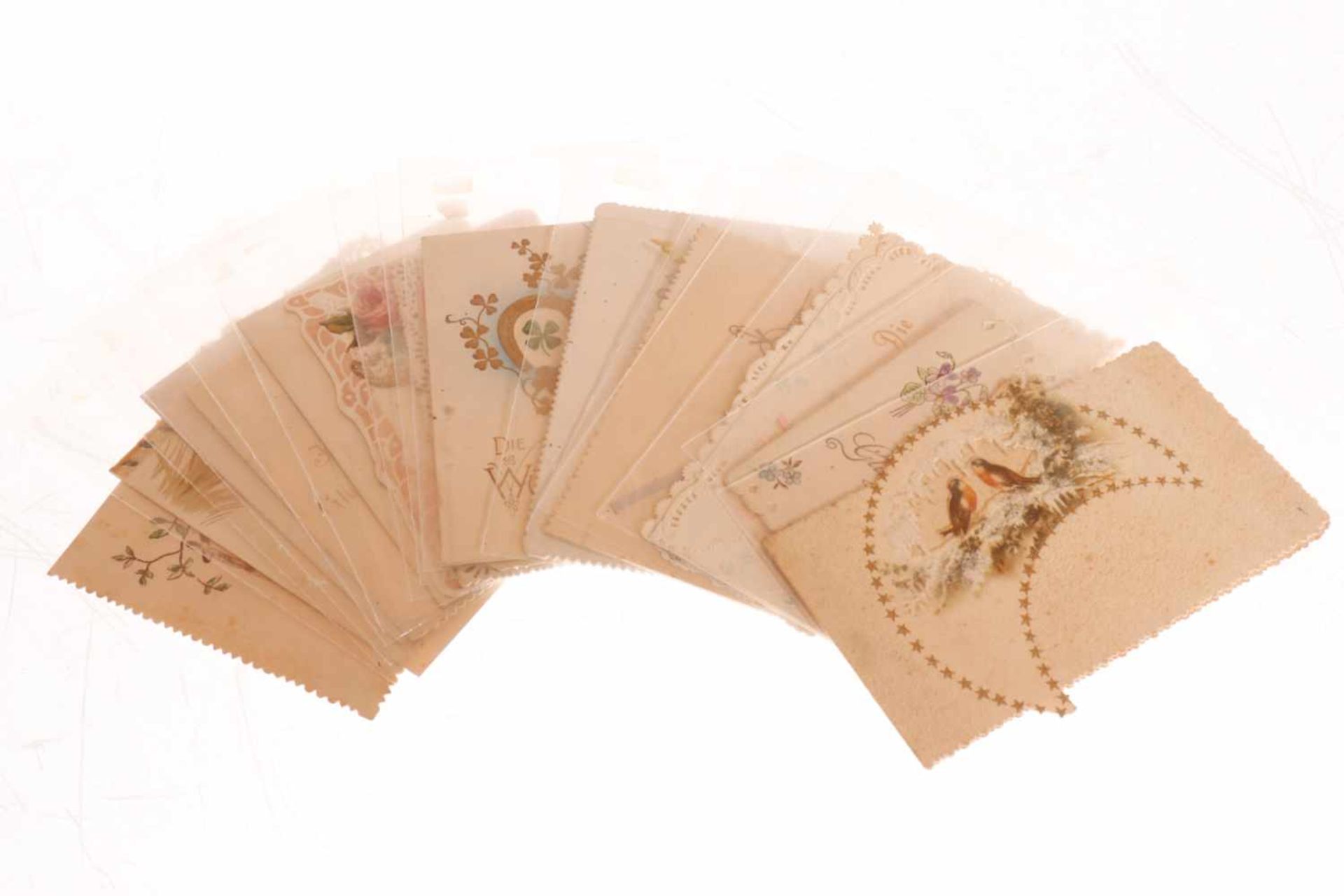 Konv. 15 Glückwunschkarten, um 1900, meist polychromer Prägedruck, tw Stanzspitze, leichte