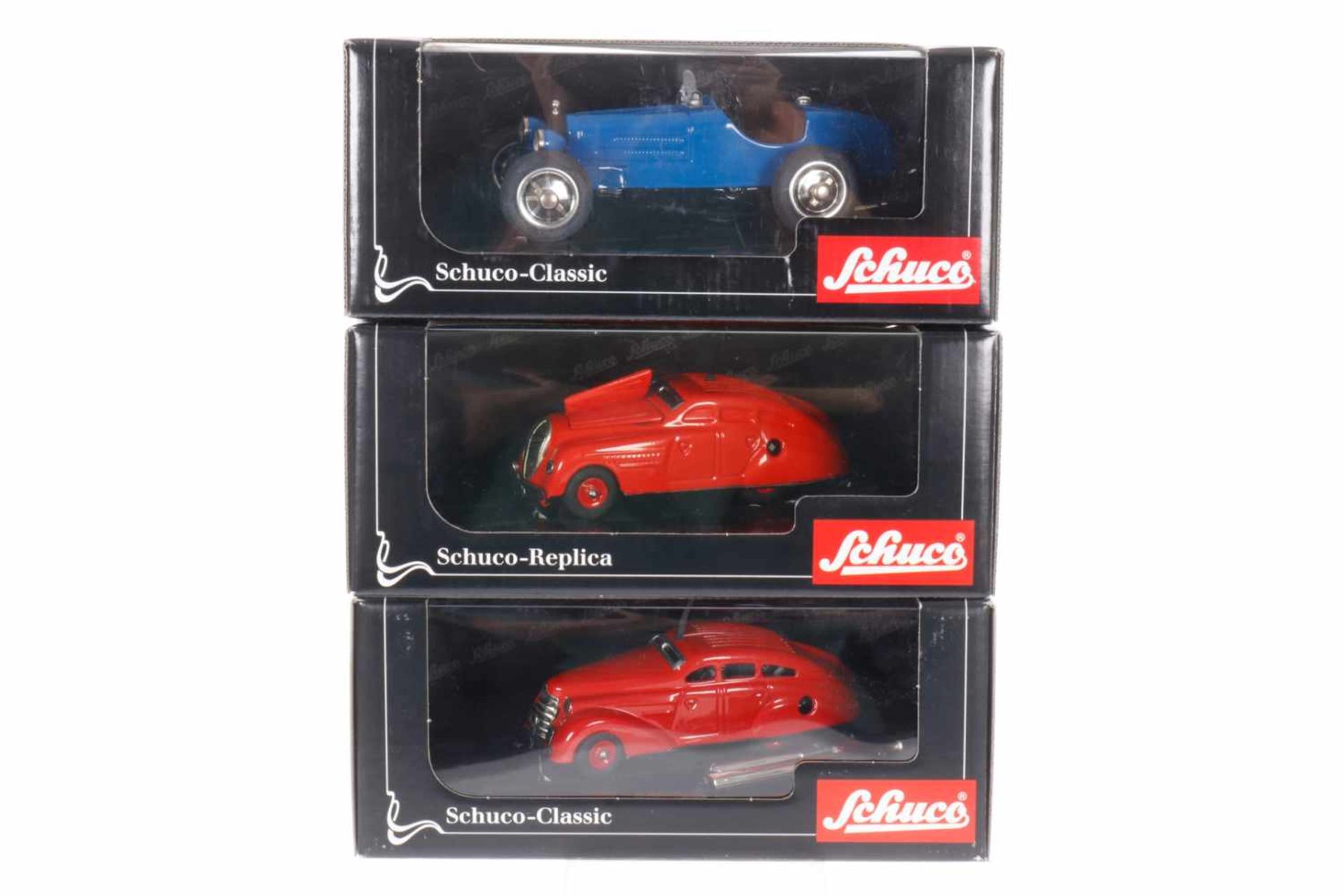 3 Schuco-Classic/-Replica Autos, Nr. 01740, 01060 und 01380, je im OK, Z 1-2