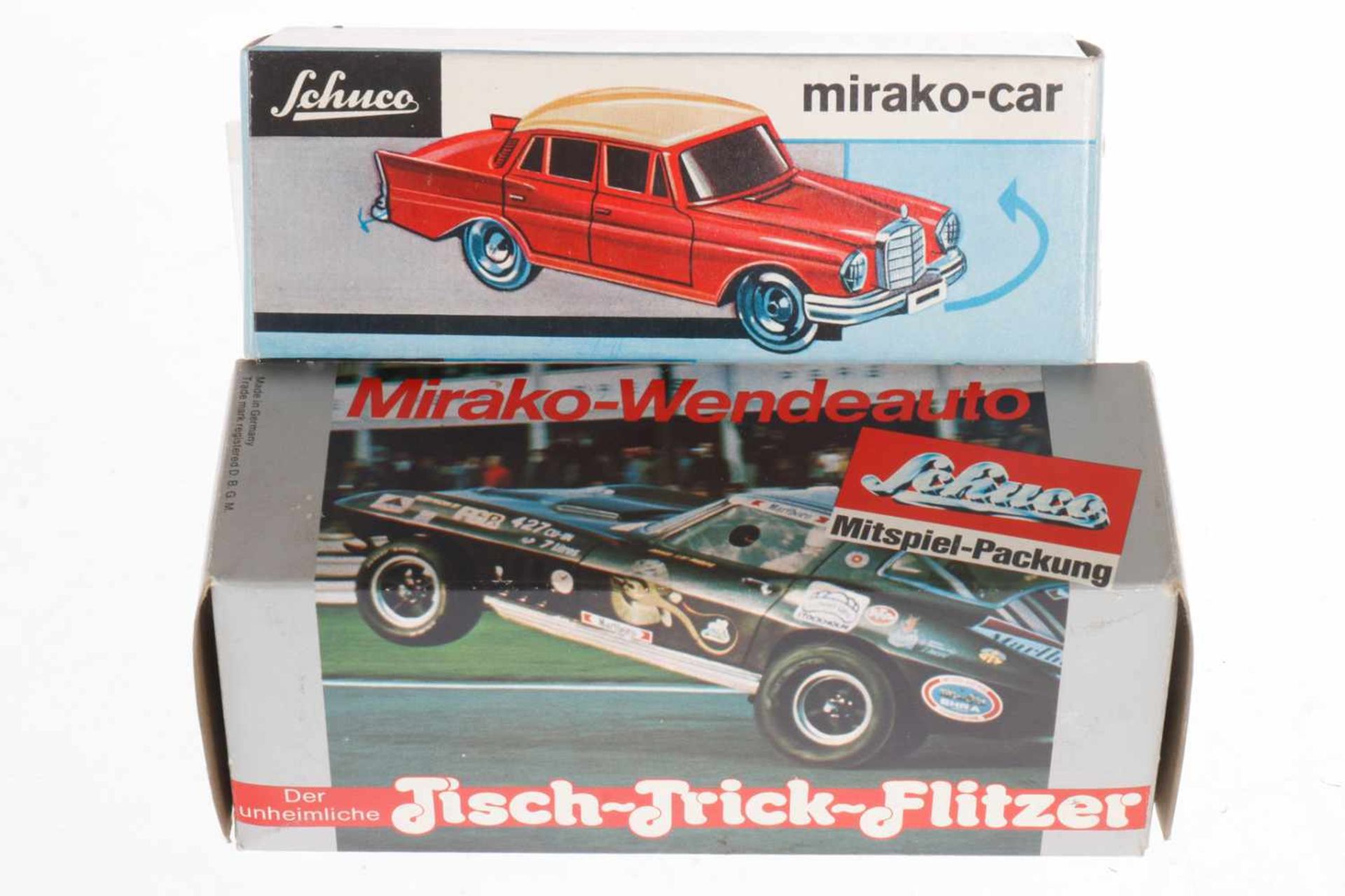 2 Schuco Autos, "Mirako-Car" 1001/1 und "Mirako-Wendeauto" Mercedes 350 SE, Nr. 351/101, Uhrwerke