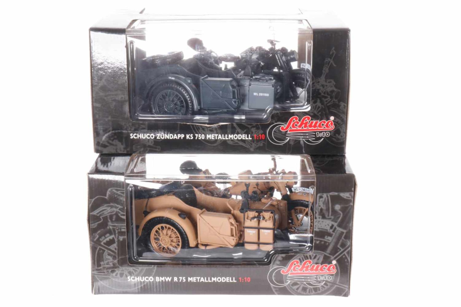 2 Schuco Motorräder mit Beiwagen, Nr. 06560 und 06515, Maßstab 1:10, je im OK, Z 1-2