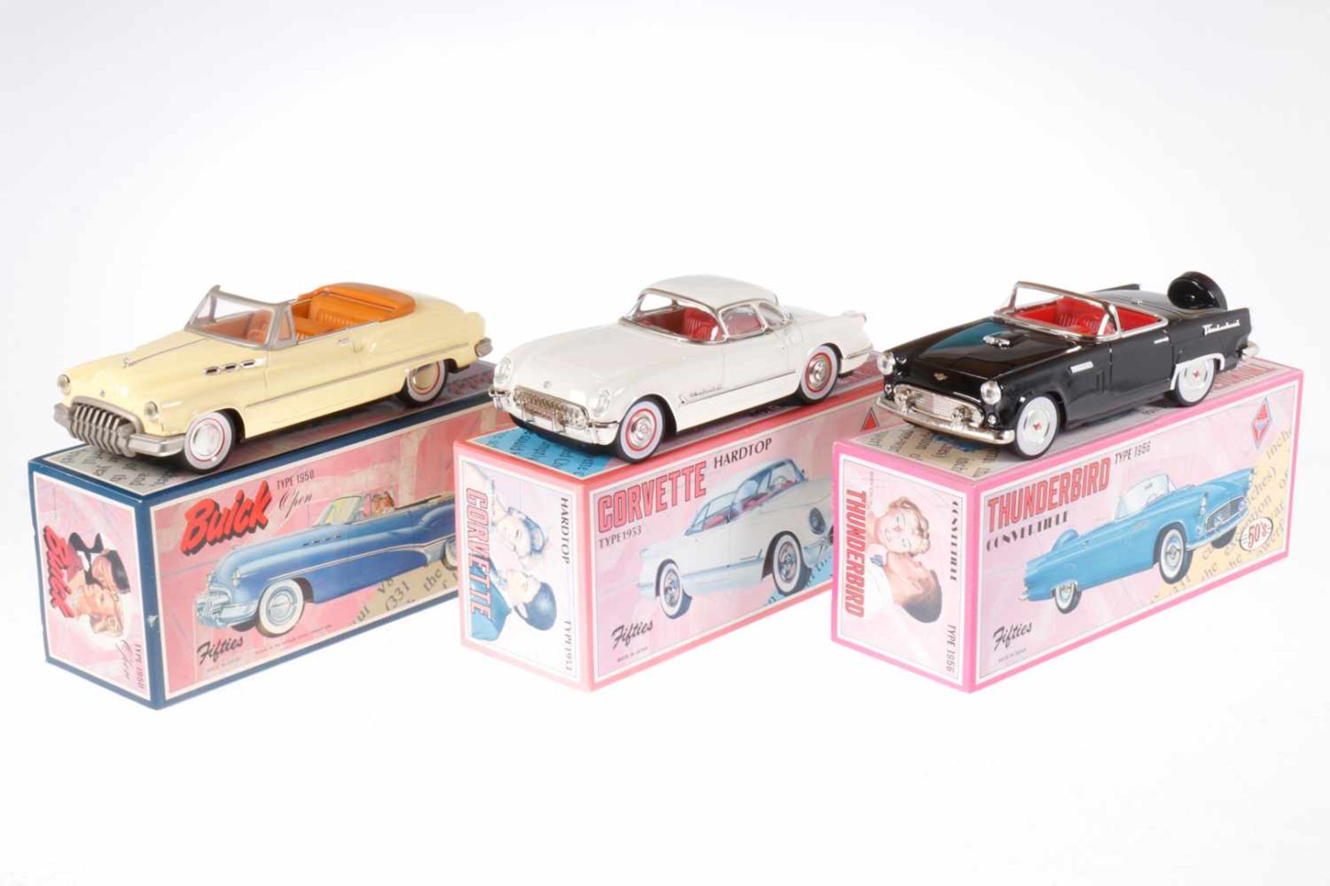 3 Fifties Oldtimer, Corvette, Buick und Thunderbird, Japan, Blech/Kunststoff, Friktion, L 25-27,