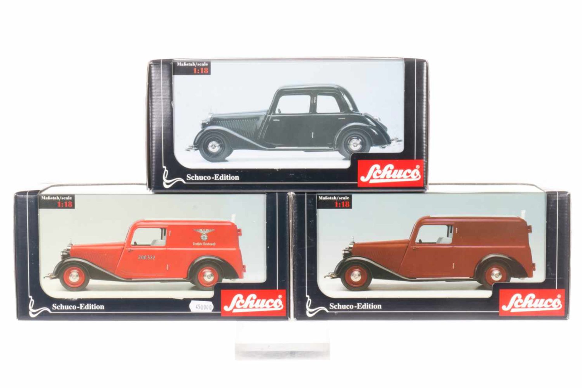 3 Schuco Autos, Nr. 00031, 00032 und 00051, Maßstab 1:18, je mit Schlüssel, Kleinzubehör und