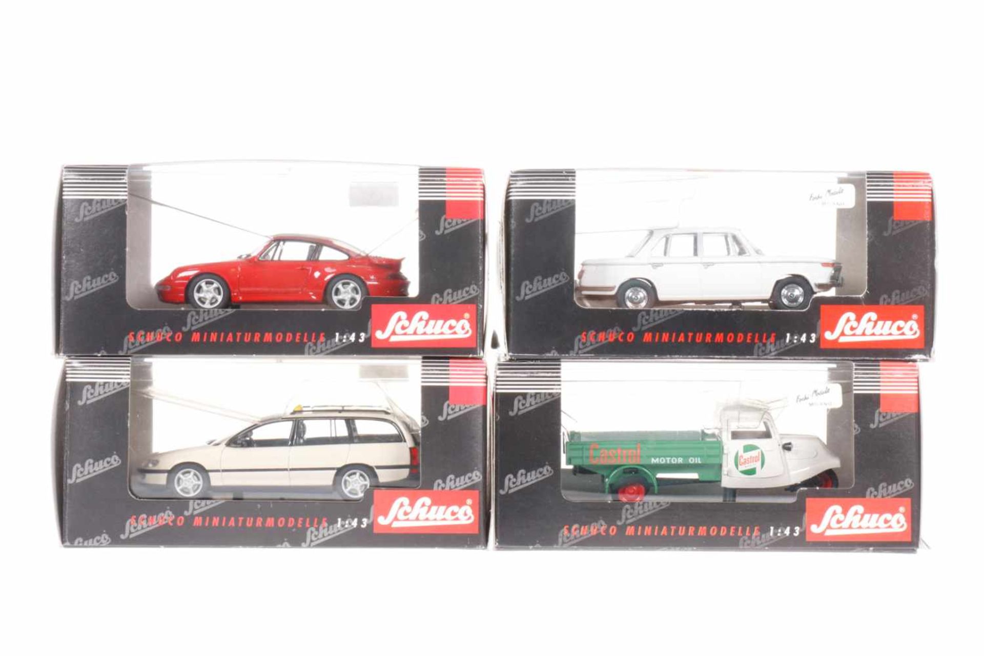 4 Schuco Miniaturmodelle, Nr. 02163, 02111, 04111 und 04131, Maßstab 1:43, je im OK, Z 1-2