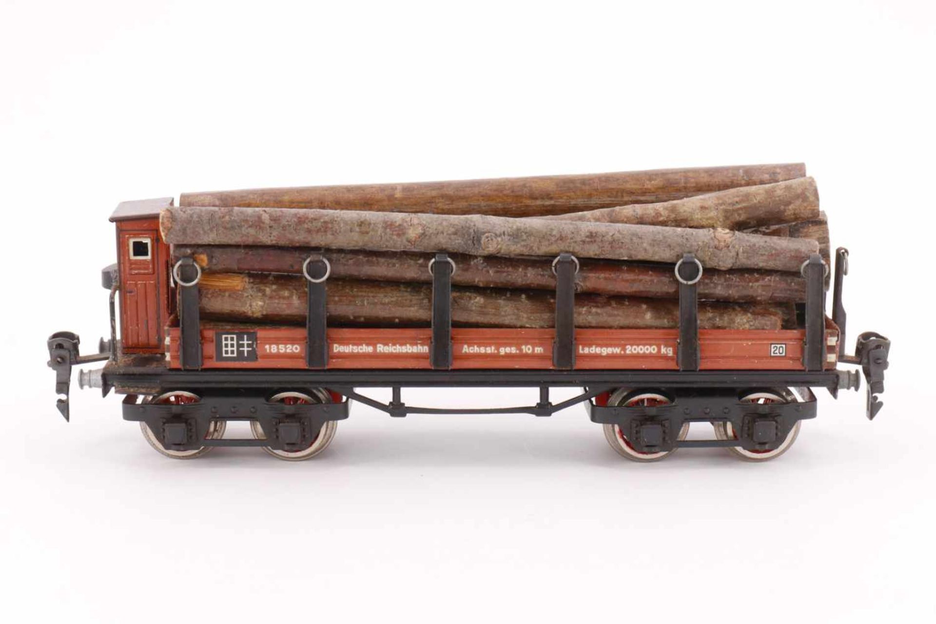 Märklin Rungenwagen 1852, S 0, mit Holz beladen, BRH, Ladefläche kleine RS, Alterungsspuren, L 24,