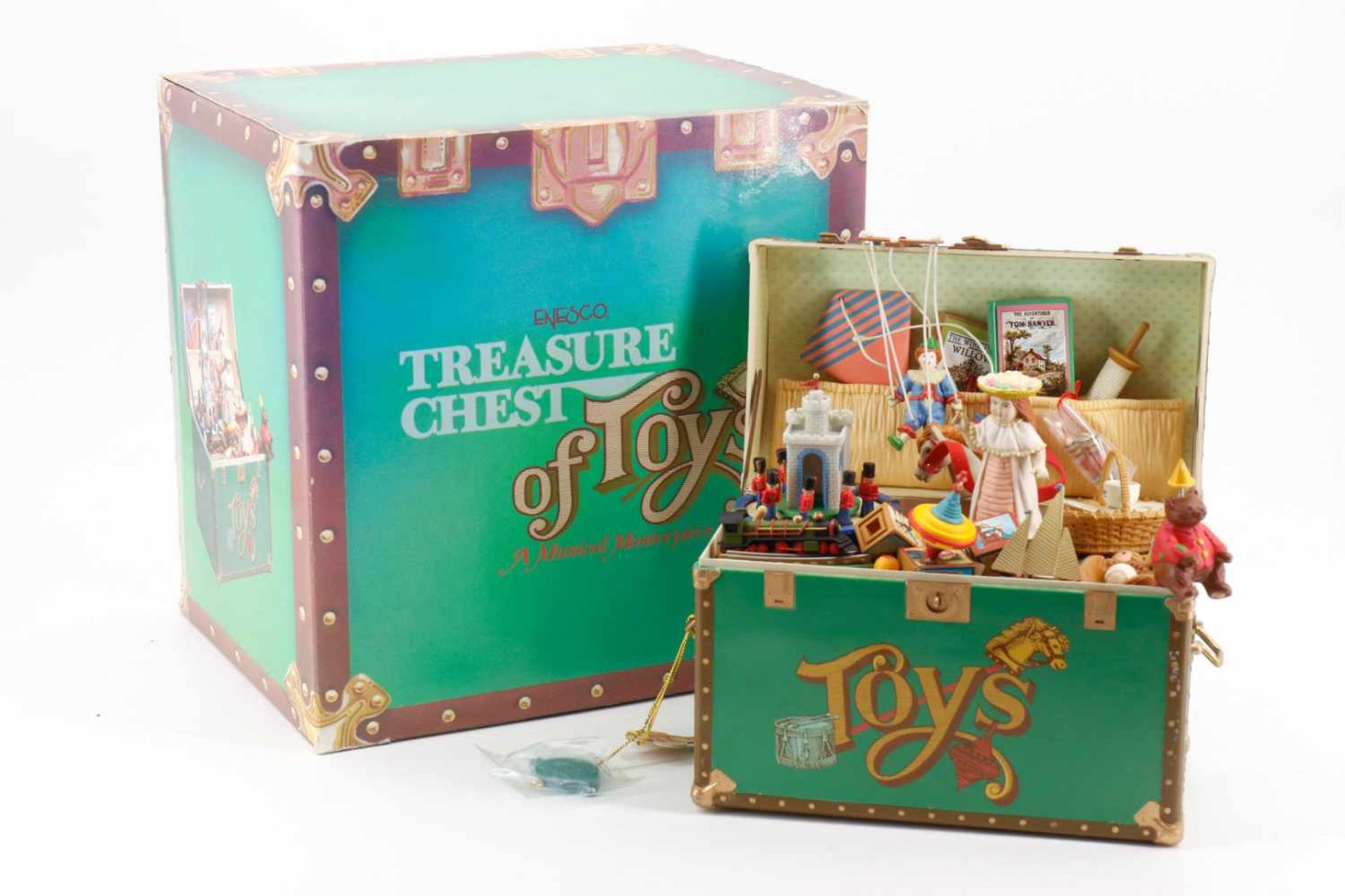 Enesco "Treasure Chest of Toys", Spieluhr mit Musikwerk und sich bewegendem Spielzeug, intakt, L 19,