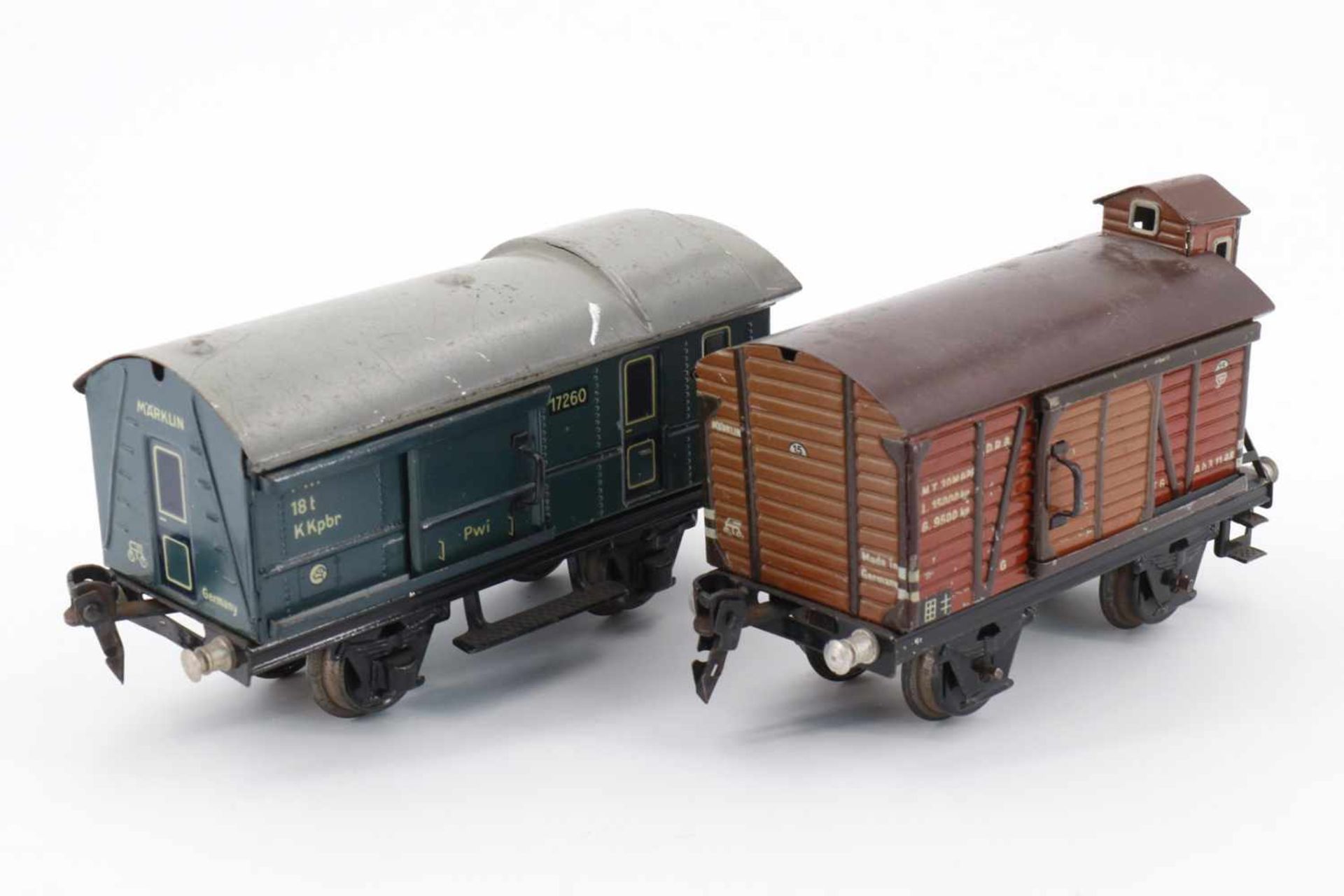 Märklin Gepäckwagen, BRHh und Gepäckwagen 1726, S 0, LS, Alterungsspuren, L 14,5 und 16,5, bespielt-