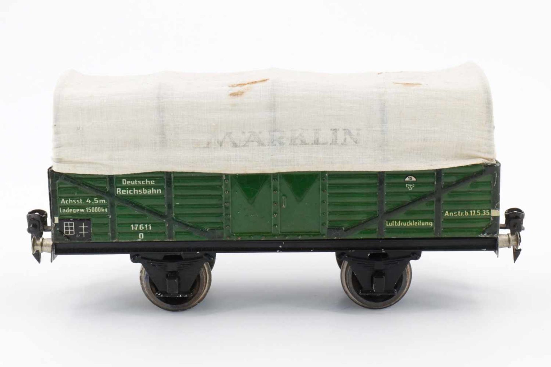 Märklin Rungenwagen 1761, S 1, mit Plane, tw gealterter Lack, Plane RS, 1 Runge besch., L 24,