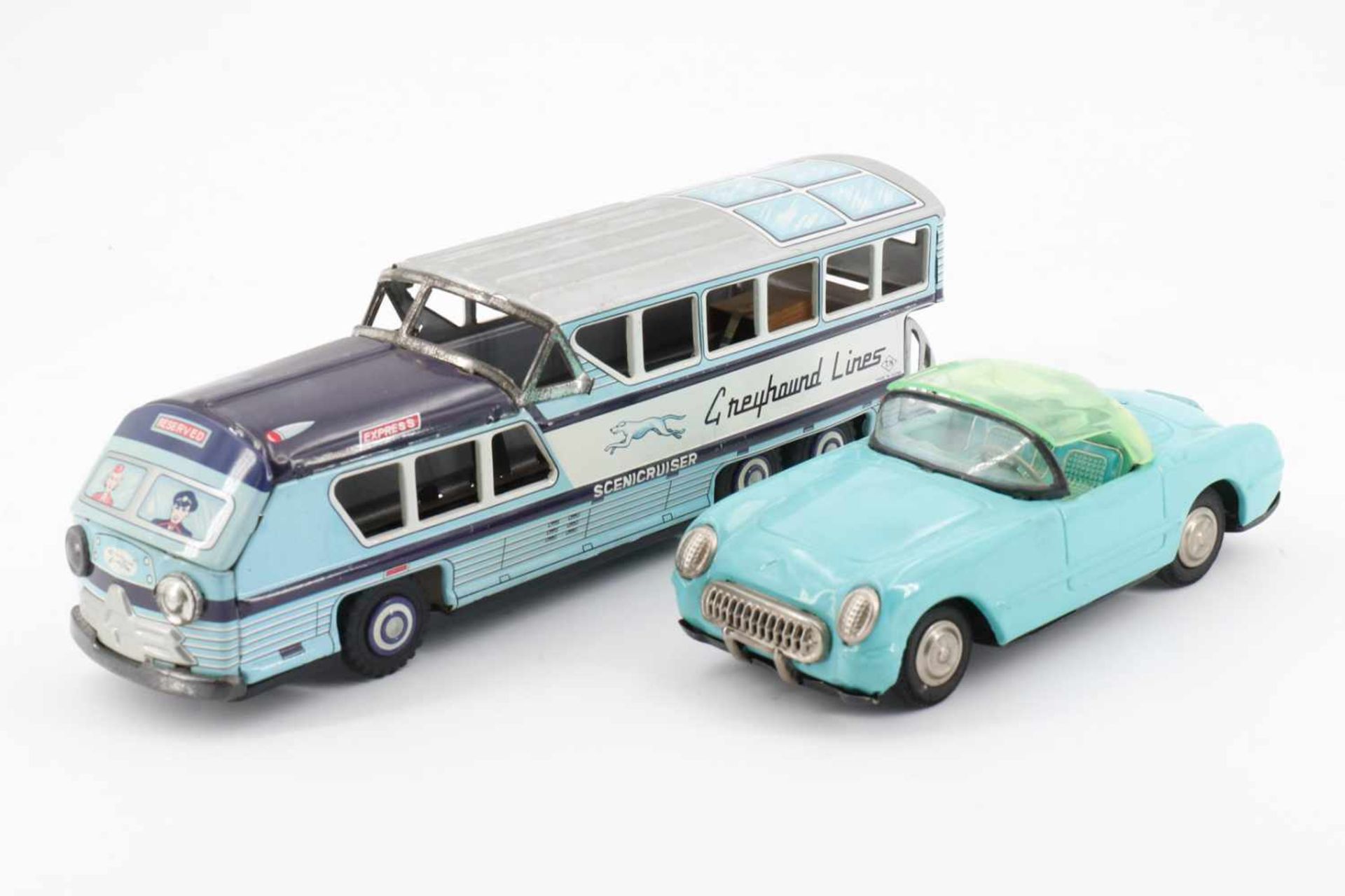 Cabrio und TN Bus, Japan, Blech, Friktion, L 17 und 18,5, leichte Alterungs- und Gebrauchsspuren,