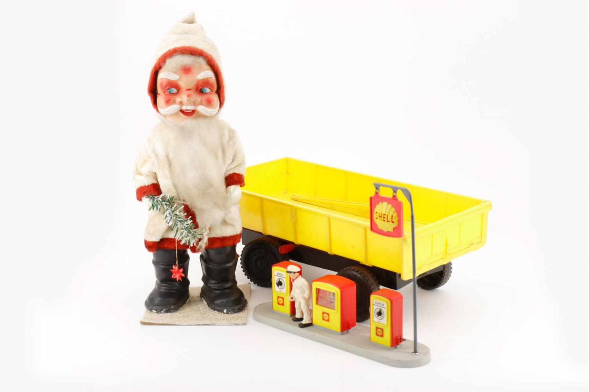 Konv. Stabo Car Tankstelle, großer MS Toy Kipp-Anhänger und Nikolaus, Kunststoff, tw besch. und