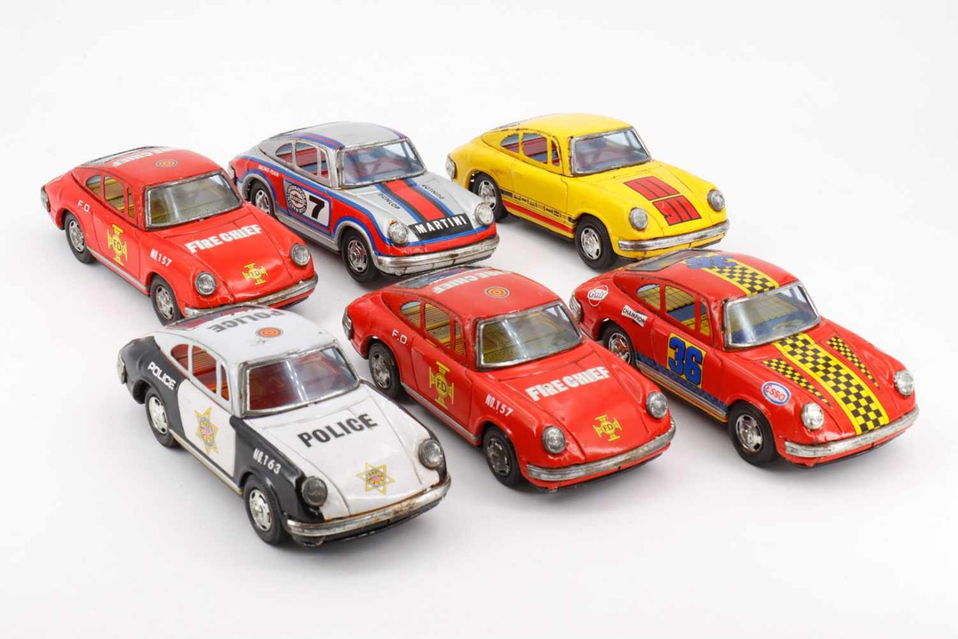 Yone "Porsche - 6 assorted cars", OK mit 6 Autos, Blech, Friktion, Japan, tw RS, L je 20, besch. OK,