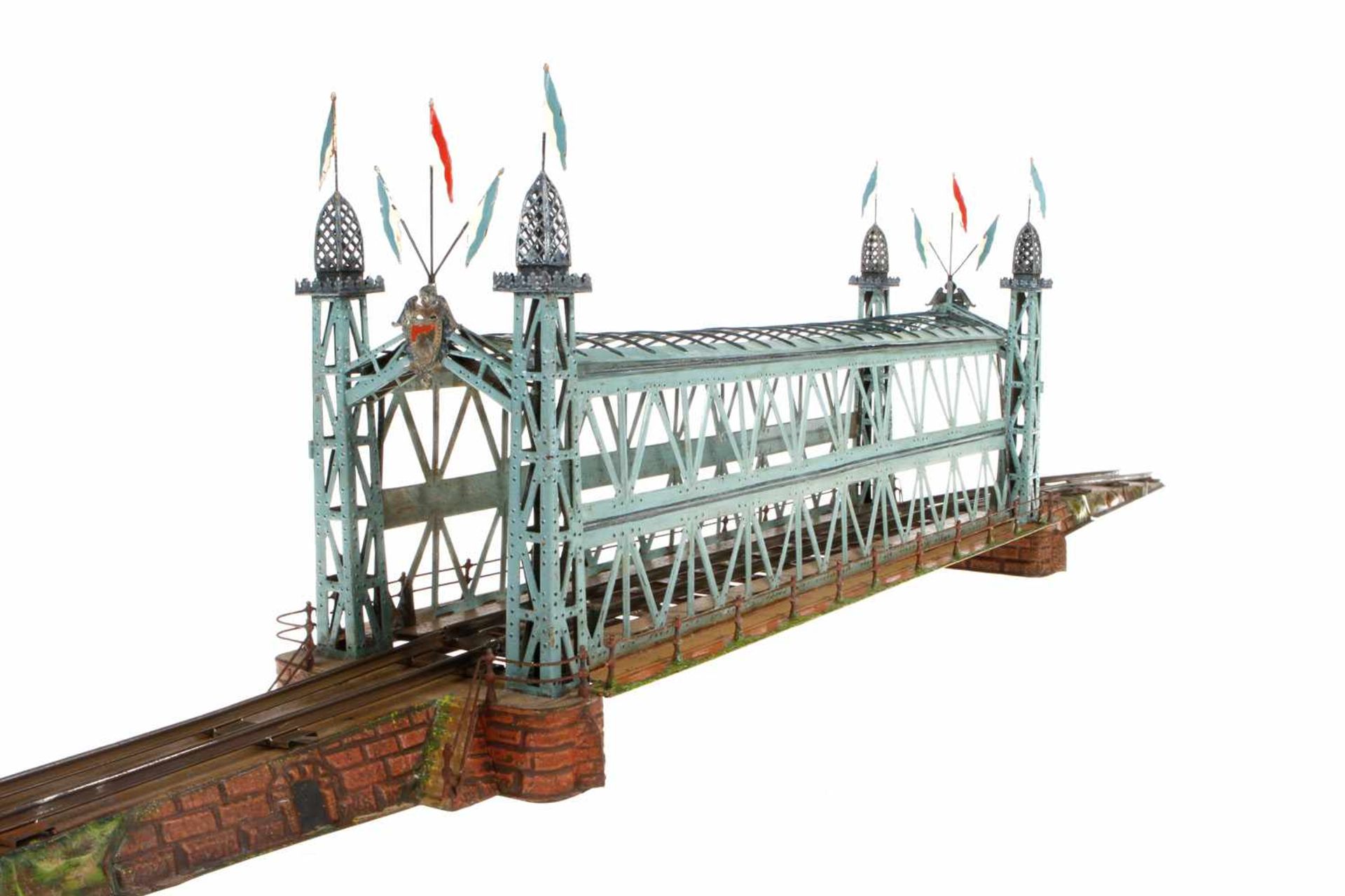 Märklin Kastenbrücke 2505/1, um 1909, handlackiert, mit Mittelteil, 2 Auffahrten mit Gittertorbögen, - Bild 3 aus 8