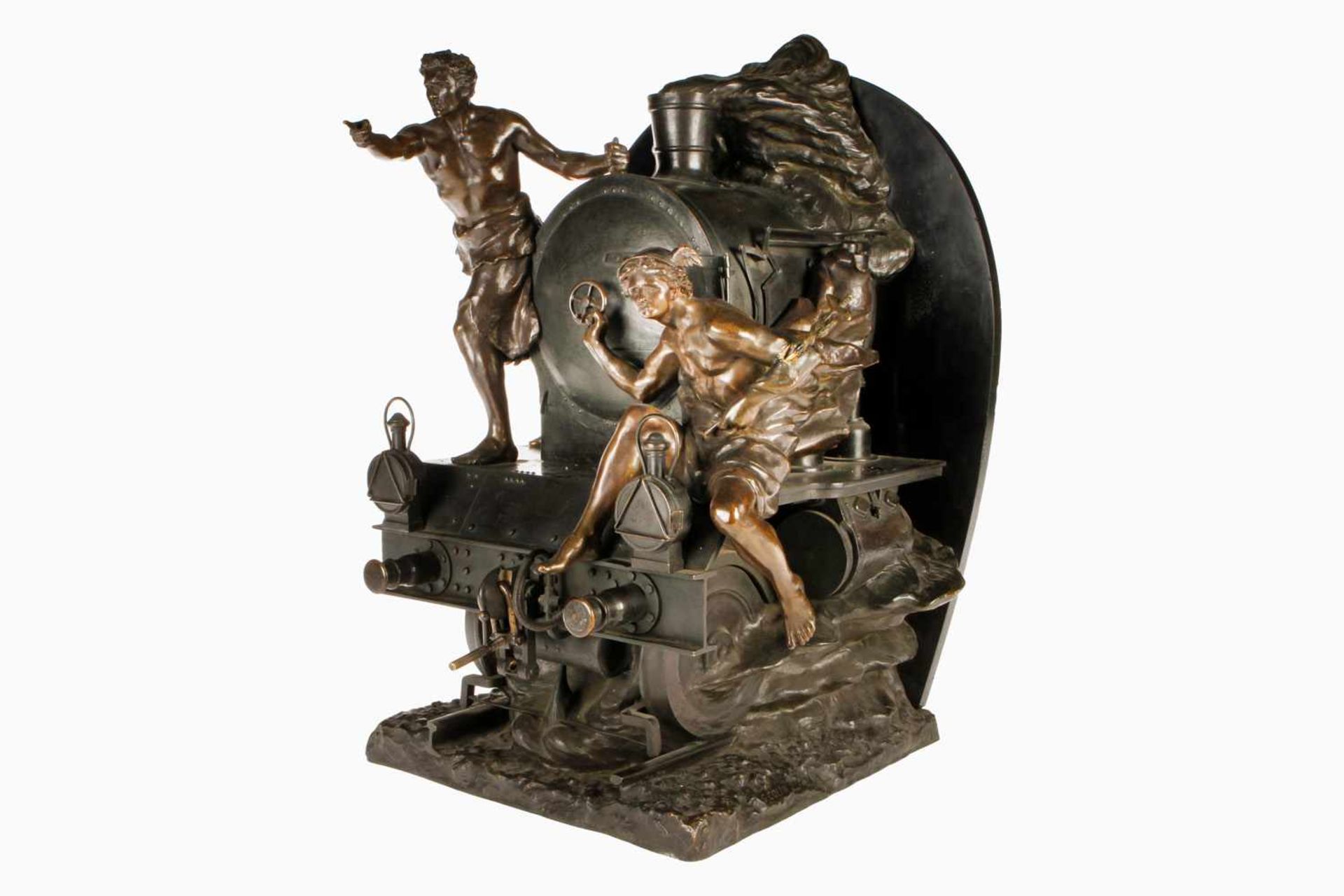 Große Bronze zur Eröffnung des Simplon-Tunnels, signiert G. Colin, mit Lokomotive, Hermes und