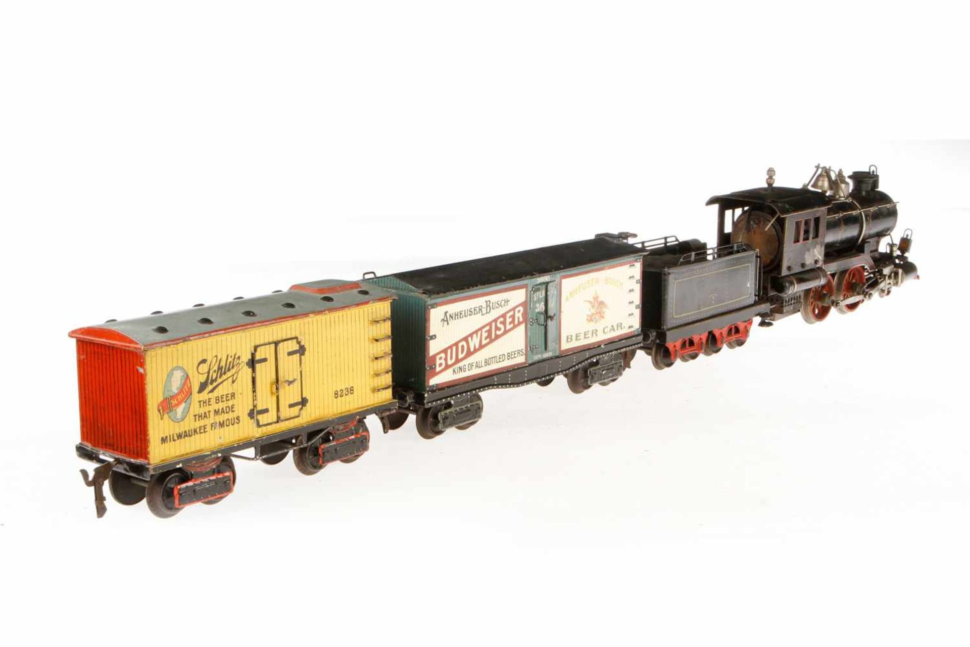 Märklin amerikanischer Bierzug, Spur 1, ab 1904, handlackiert, 2-B Spiritus-Dampflok AE 4021, mit - Image 3 of 12